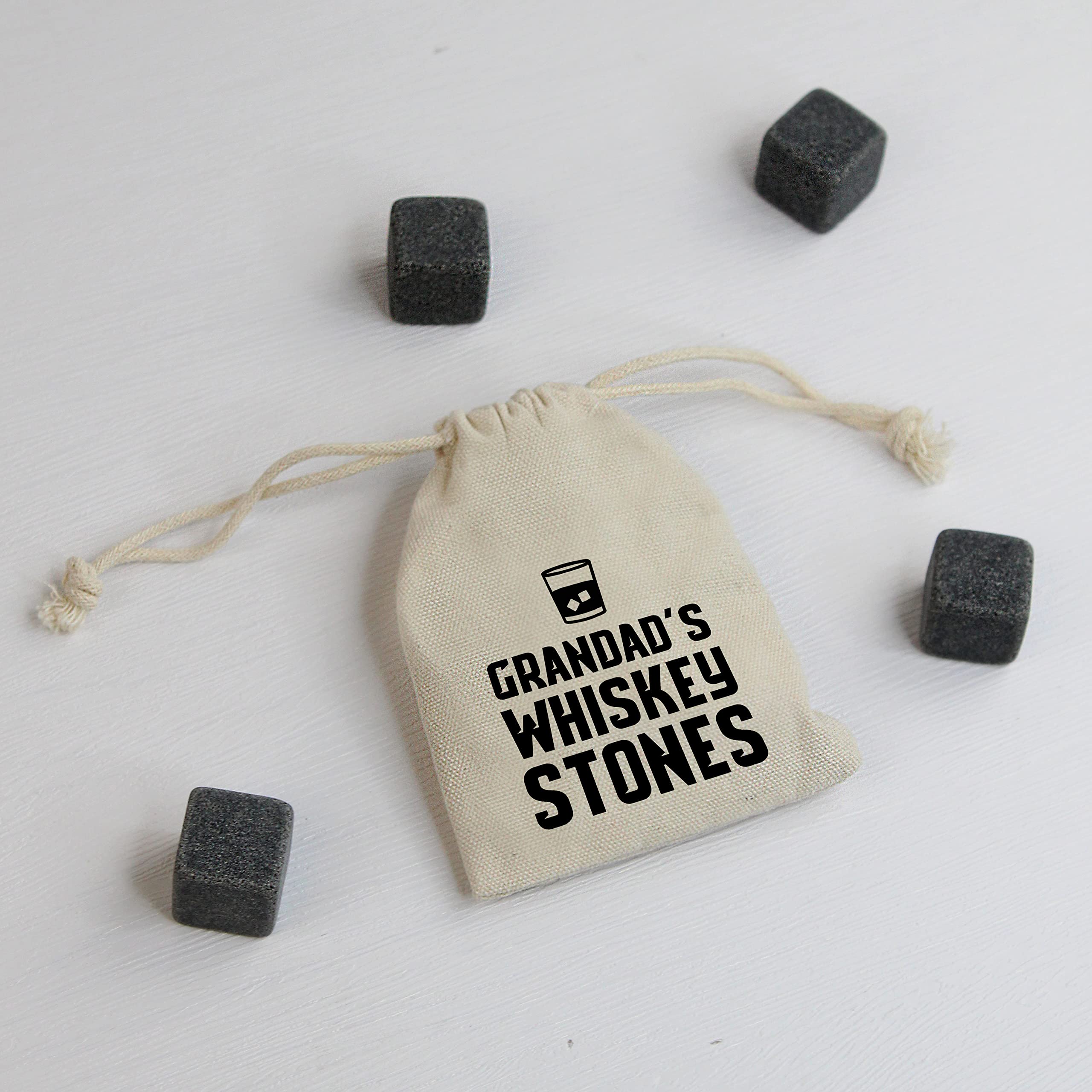 eBuyGB Grandad's Whiskey Stones with Cotton Drawstring Bag & 4 Soapstone Reusable Ice Cubes Father's Day, Birthday Gift for Him, Dad