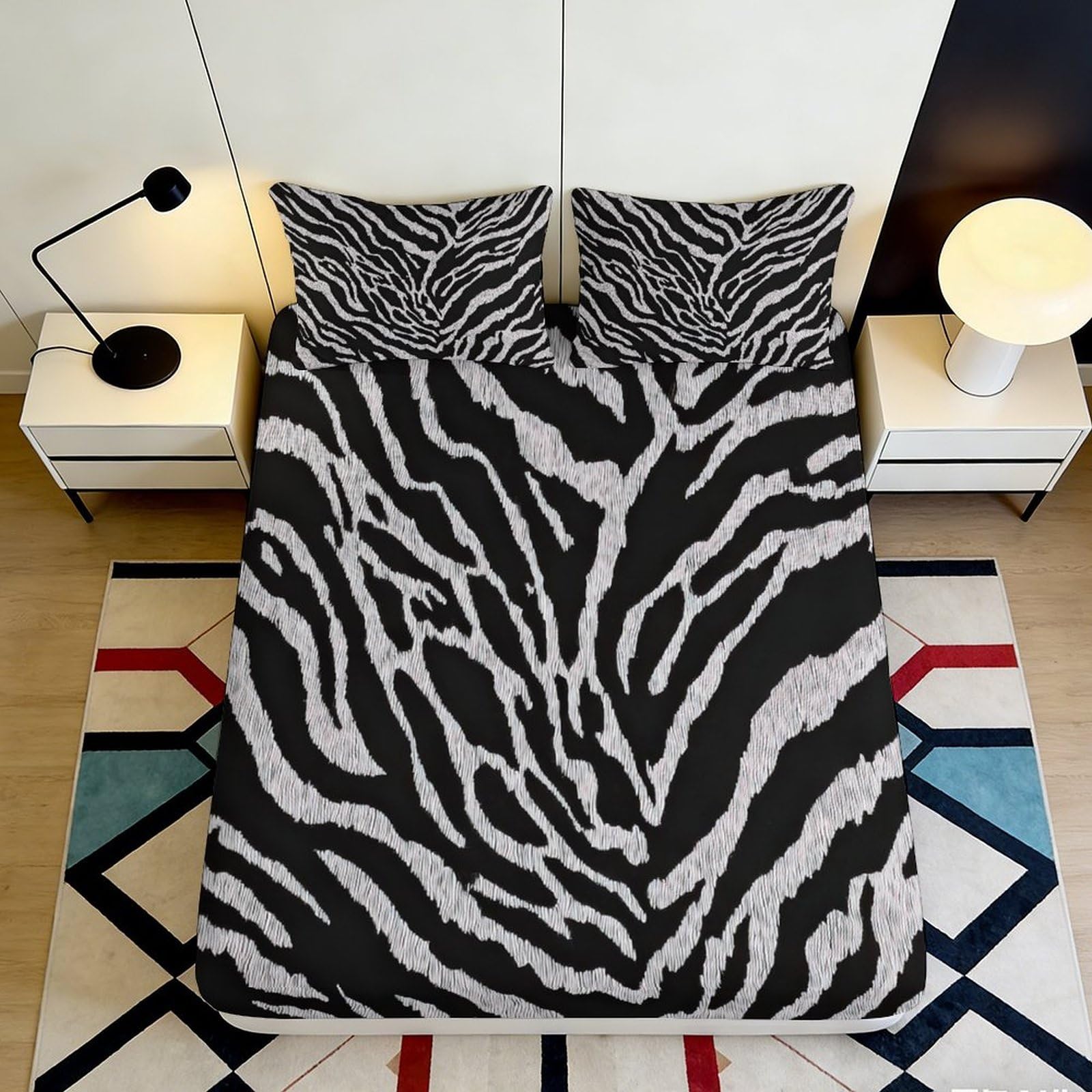3D Printed Zebra Pattern Microfiber Fitted Sheet Deep Pocket Non-Slip Zebra Mattress Fitted Cover Bedroom Bedding 140x200x25cm