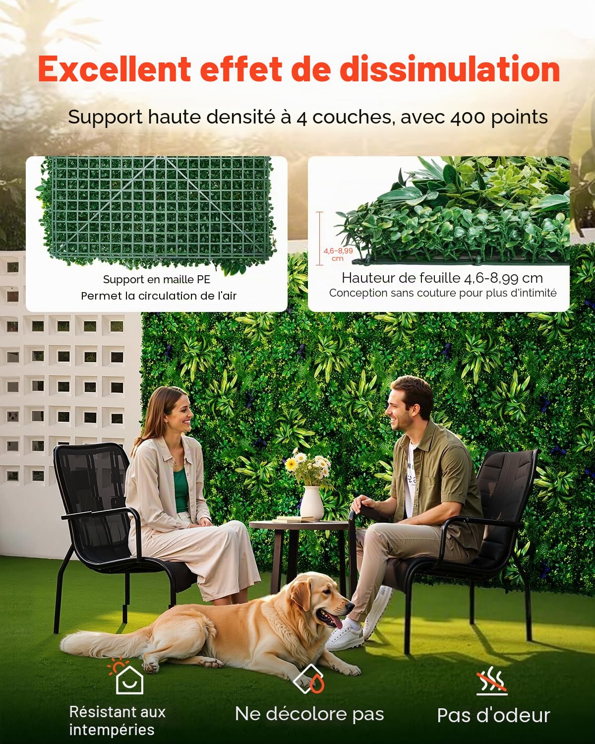 VEVOR Mur Végétal Artificiel 12 PCS Panneau Mural Décoratif Plante Artificielle 3D Emboîtable, 50x50 cm, pour Décoration Intérieure Extérieure, Couverture de Clôture en Lierre, Brise-vue Mural Jardin