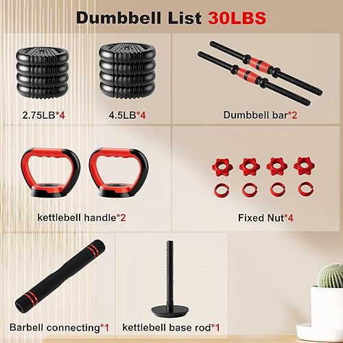 Miniatura 7 de Juego de mancuernas ajustables, juego de pesas libres de 102030457090 libras con conector, juego de mancuernas 4 en 1 que se utiliza como barra,