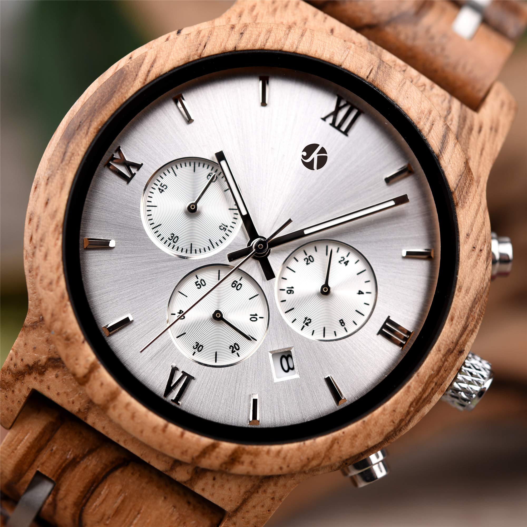 Kim Johanson Herren Holz-Edelstahl Armbanduhr *Air Force* in Hellbraun Chronograph mit Einem Gliederarmband Handgefertigt Quarz Analog Uhr inkl. Geschenkbox