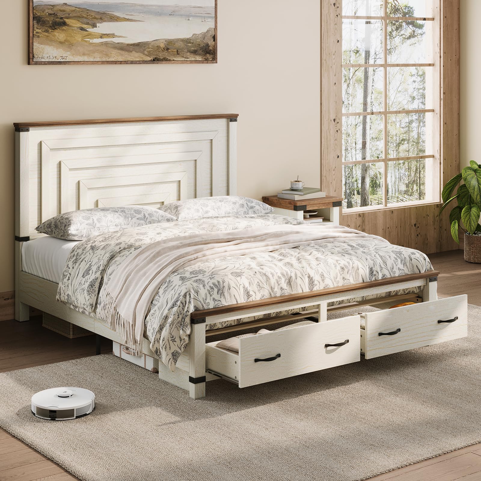 Farmhouse Queen Size Bed Frame, 54 inch Tall Headboard with Wood Bed ...