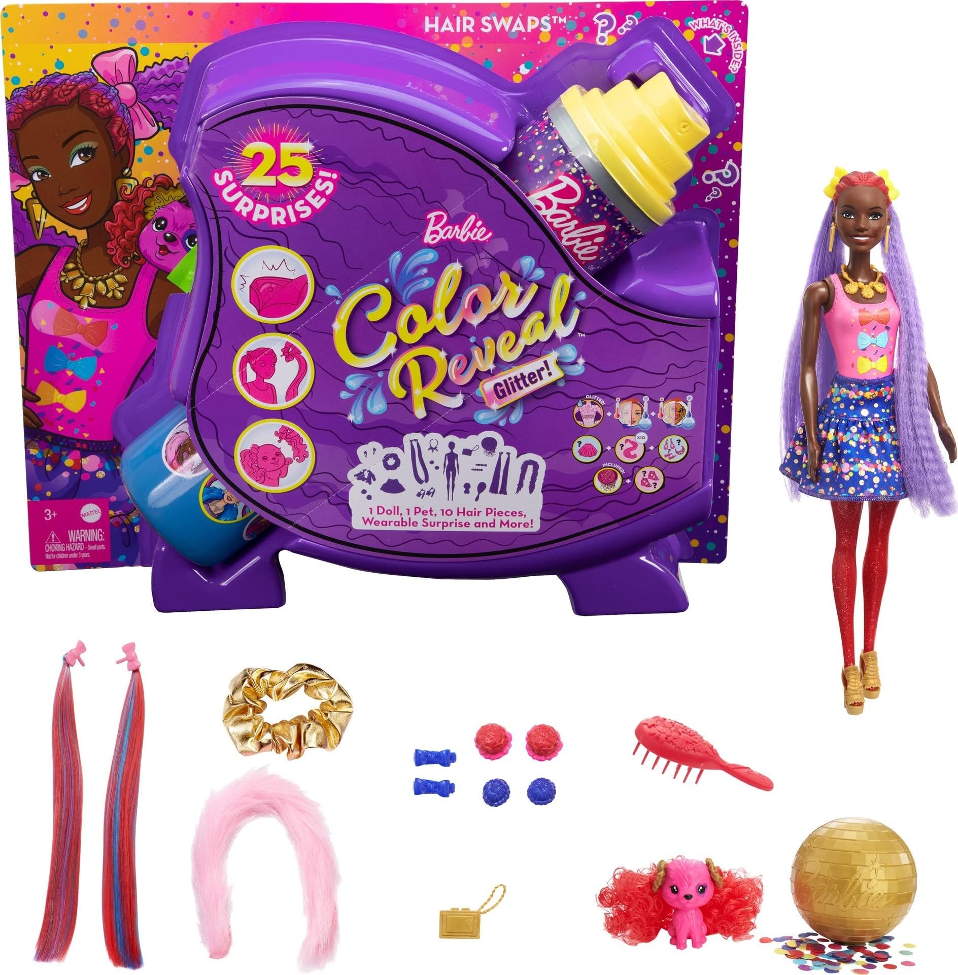 Barbie HBG40 - Color Reveal Bows lalka zmiany włosów, niebieski brokatowy zestaw zabaw z 25 stylizacji włosów i niespodzianek partii, wiek 3+.