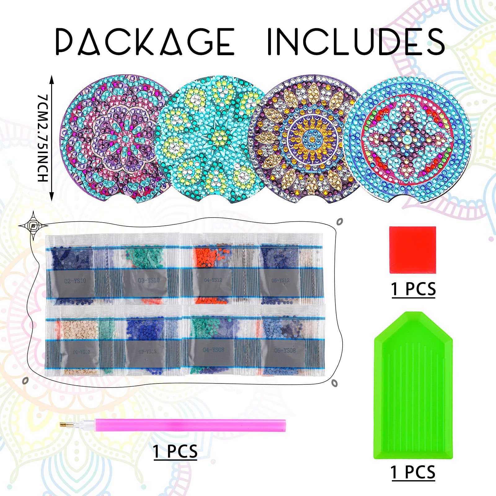 Sinmoe 4 Pcs Diamond Painting Car Coasters DIY Mandala Car Coasters for Drinks Diamond Painting Kits Diamond Art Mandala Style Coasters for Adults Beginners Paint Craft Supplies