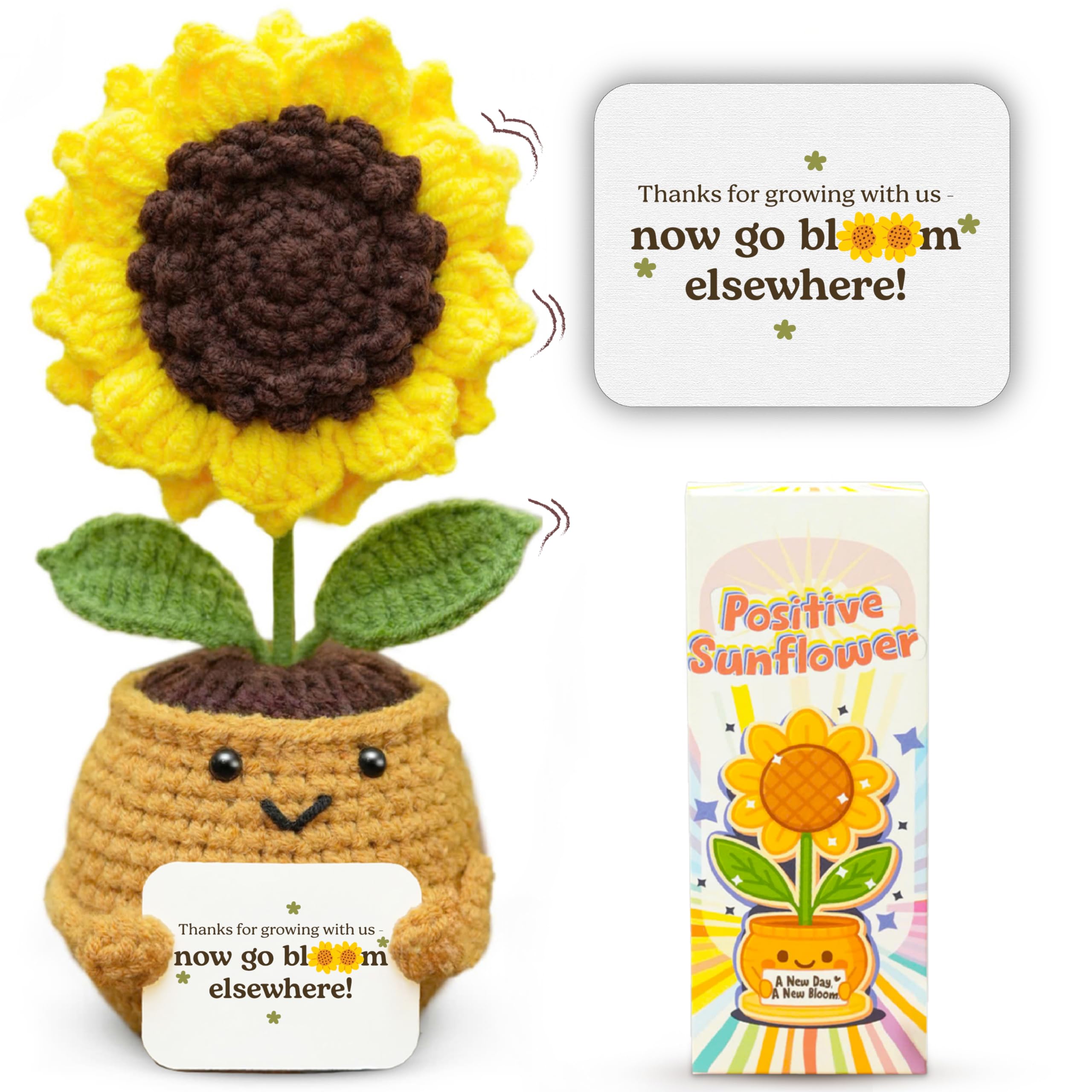 Emotional Support Crochet Sunflower Doll – Handmade Goodbye Gift for Coworkers, Teachers, Students – Positive Affirmation Flower Pot with “Thanks for Growing with Us” Farewell Message