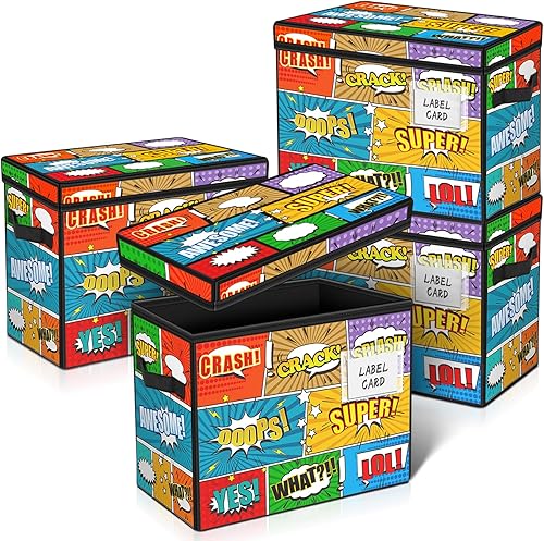 Miniatura 1 de Leffis Caja de cómics plegable con patrón, contenedor de cómics con tapa totalmente cerrada y ranura para etiquetas, 13.8 x 7.5 x 9.6 pulgadas,