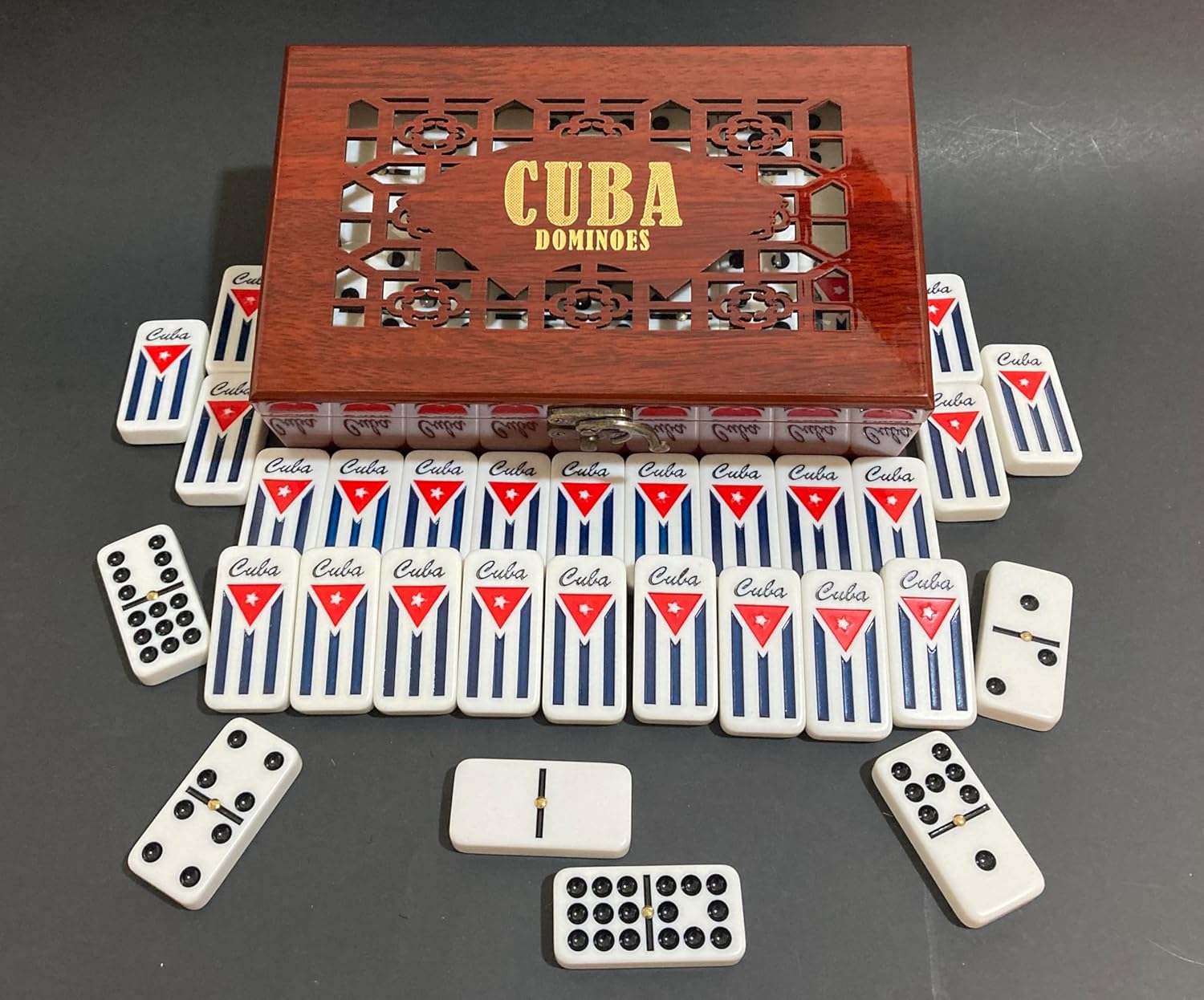 PRK 14 Cuban Double 9 Dominoes Set in Premium Wooden Box – Classic White Tiles with Colored Dots Dominoes in Durable Wooden Storage Case – Traditional Cuban Style for Friends