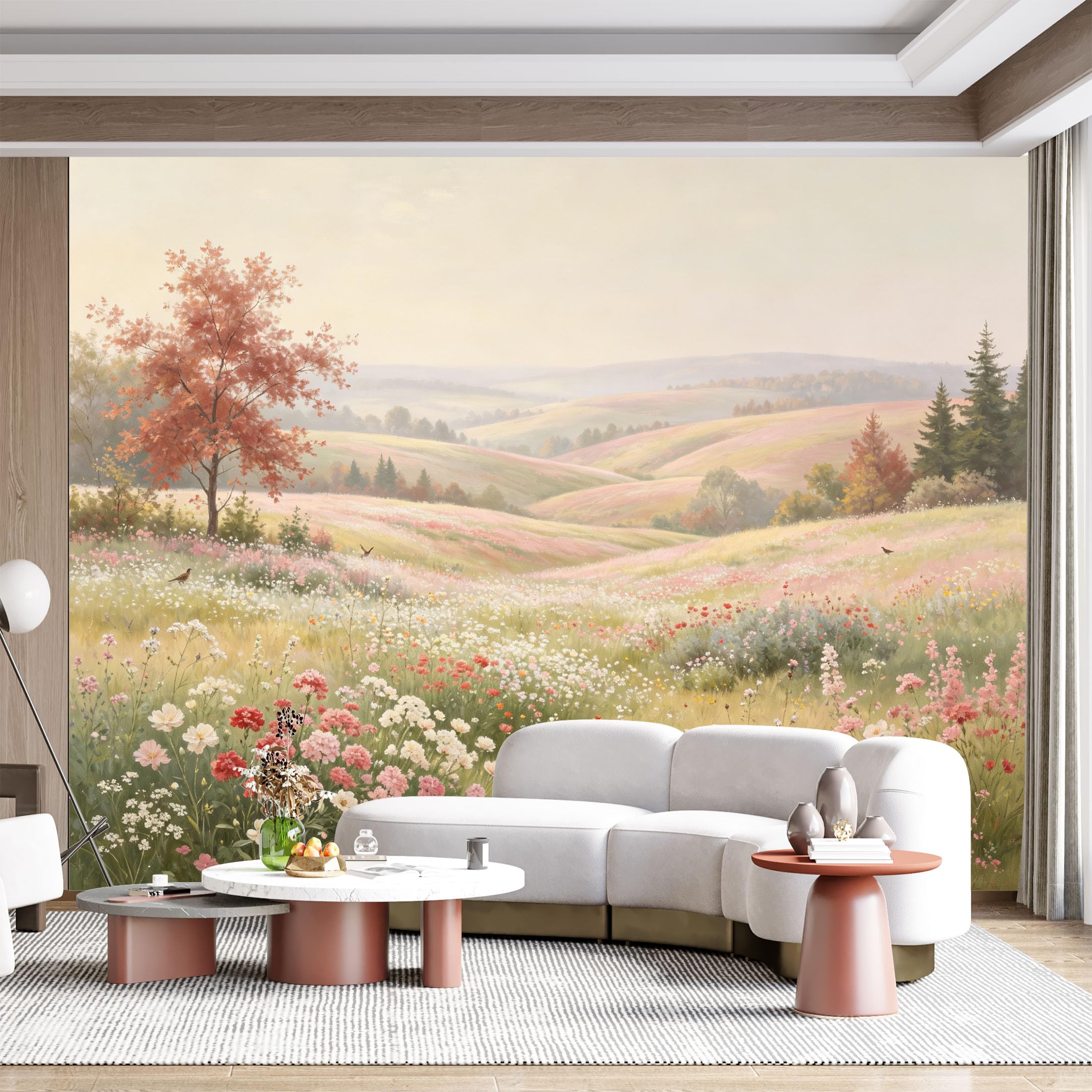 Custom Size Wall Mural Pastoral Meadow Wildflower Landscape Painting Watercolor Impressionist Style SelfAdhesive Wall Fabric Removable for Home Office Decor