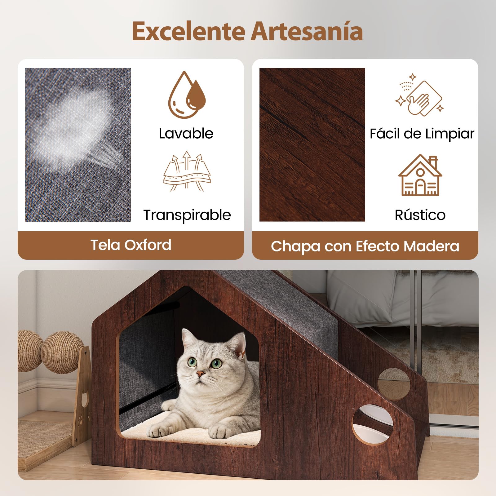 COSTWAY Casa para Gatos de Madera para Interior, 60x40x40 cmCaseta para Gatos con Comedero, Techo Desmontable y Lavable, Estructura Metálica, Villa de Estilo de Granja, Refugio Decorativo para Gatitos