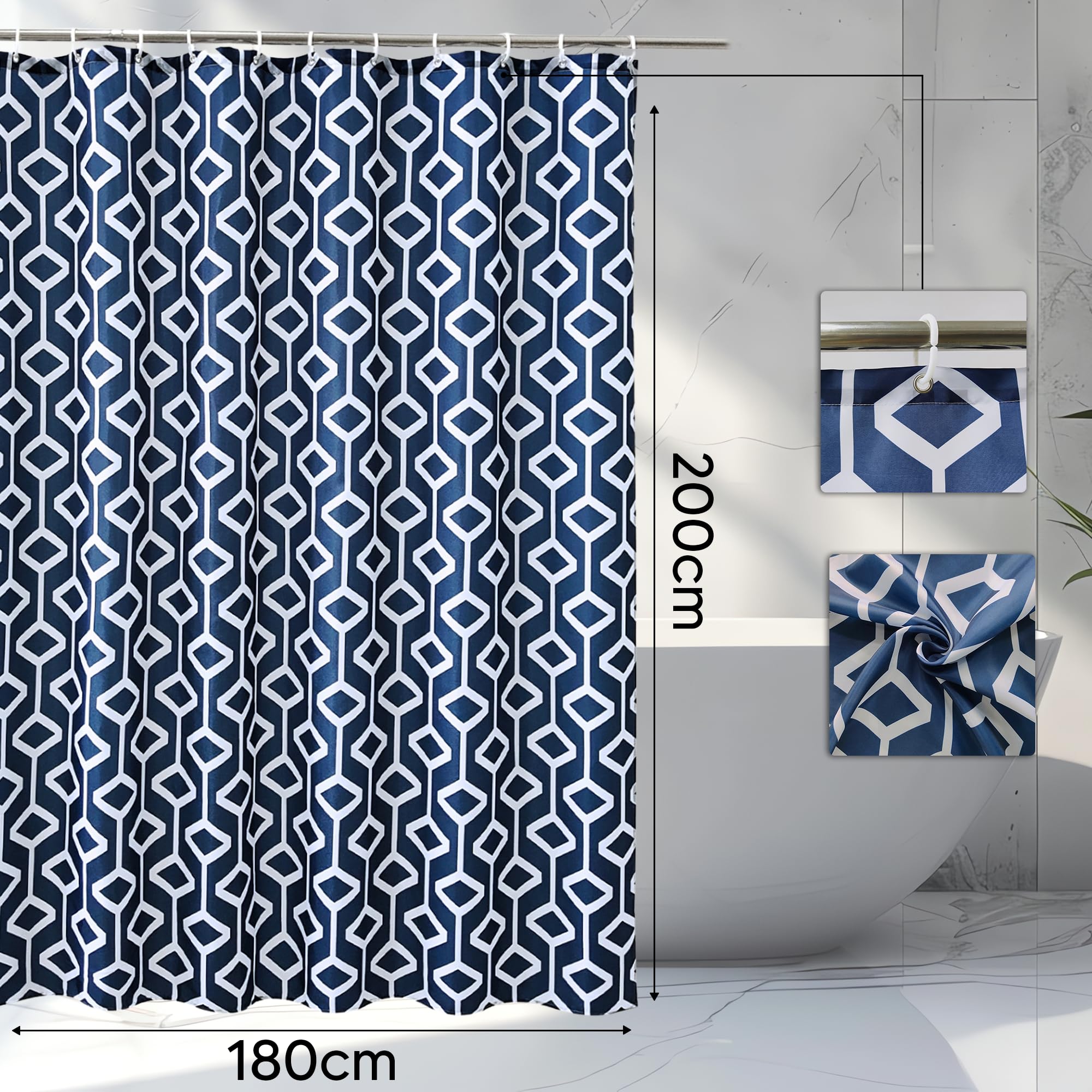 Trimming Shop Shower Curtain Polyester Fabric Bathroom Curtain with 12 Curtain Hook Waterproof Bath Curtain 180 x 200cm Long Shower Curtain Liner, Geometric Navy Blue & Teal