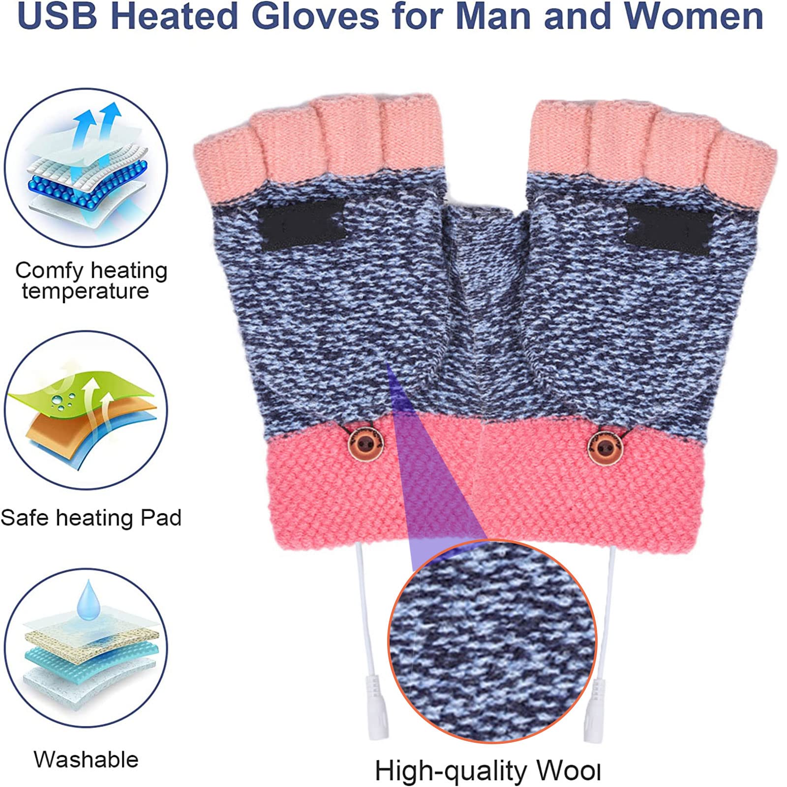 Mitaines Chauffantes USB Pour Homme Et Femme - En Cachemire, Lavables, Demi-doigt Ou Doigt Complet, Pour Ordinateur, Extérieur, Hiver