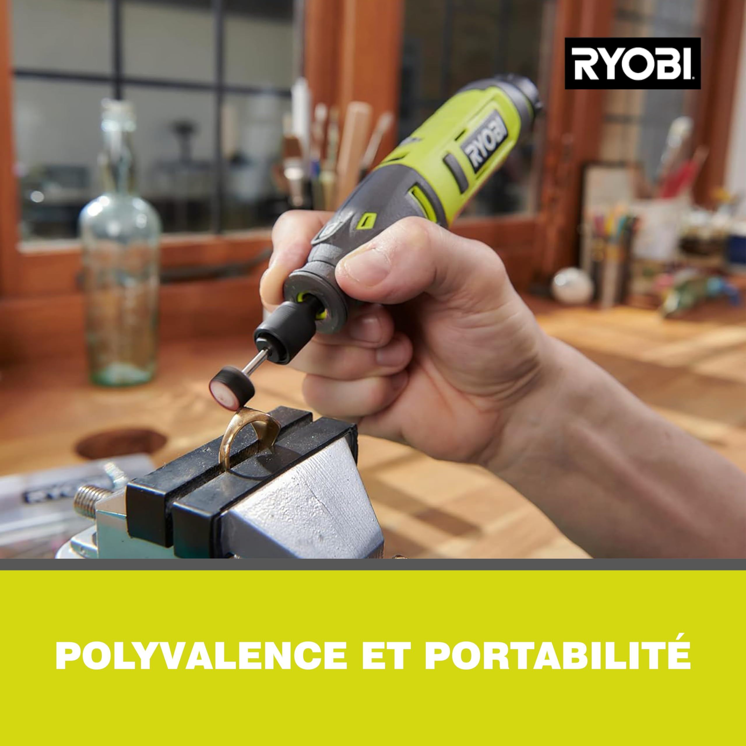 RYOBI - Mini-Outil Rotatif - 4V USB Lithium RRT4-120GA15 – 15 Accessoires Inclus, Vitesse Variable, Compact et Précis – Gravure, Ponçage, Découpe – Coffret avec Rangement