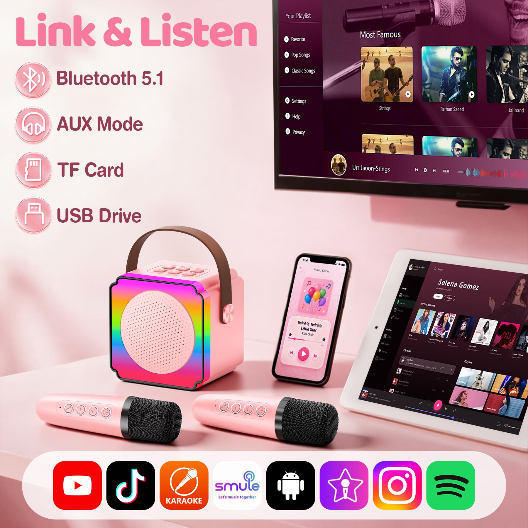 Micro Karaoke Enfant avec 2 Micro sans Fil, Cadeau Anniversaire Fille et Garçon 3-12 Ans, Micro Karaokeavec LED, Effets Vocaux et Carte Cadeau, Jouet Enfant pour Chanter-Rose