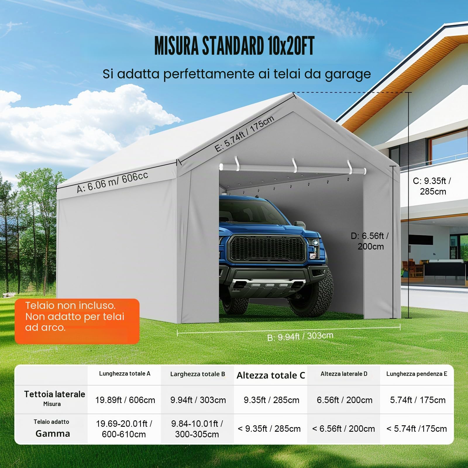 VEVOR Tendalino di ricambio per posto auto coperto parete laterale 10x20ft, impermeabile e protetto dai raggi UV, bianco (telaio non incluso)