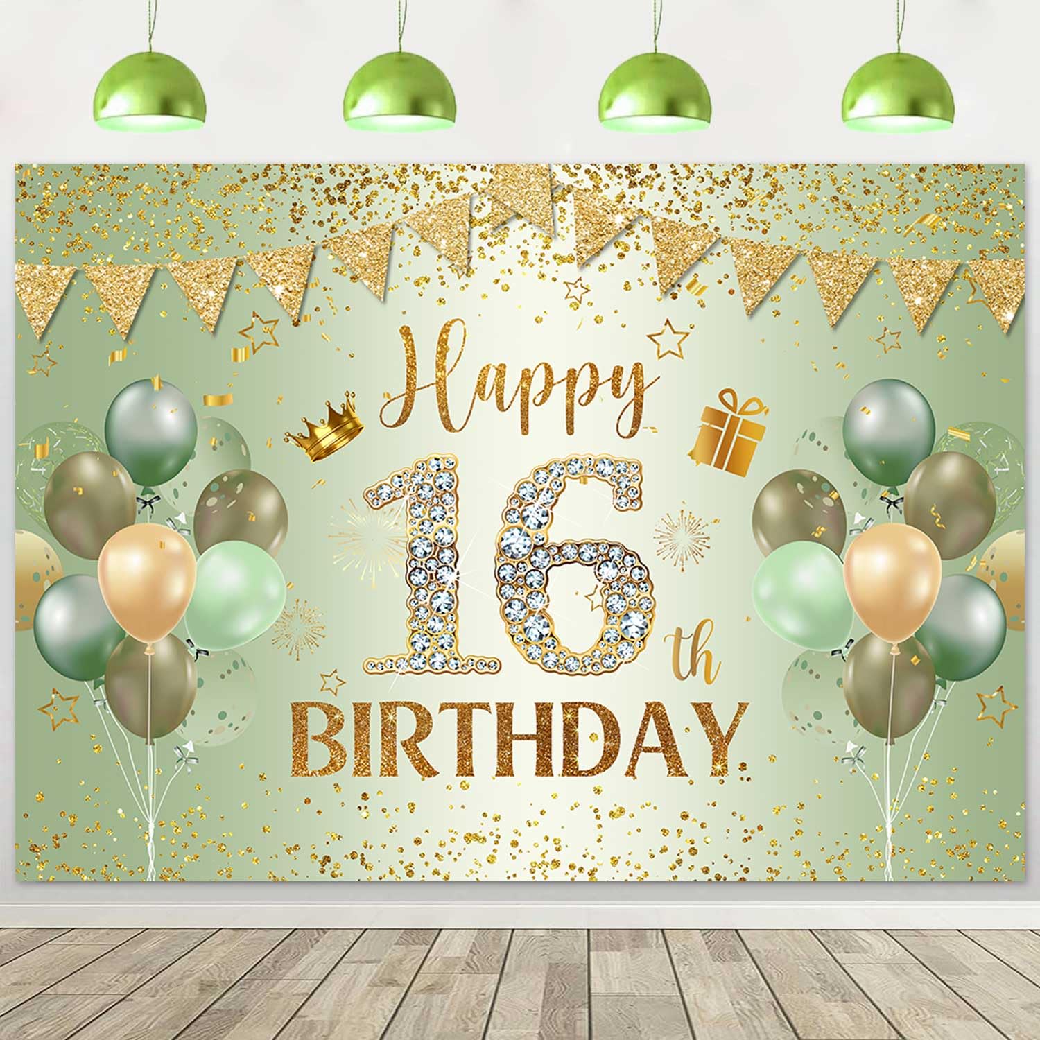 Ayayiya 16th Birthday Backdrop Sage Green Gold Balloons Photography Background for Girls Sweet 16 Party Banner Boys Happy 16th Birthday Cake Table