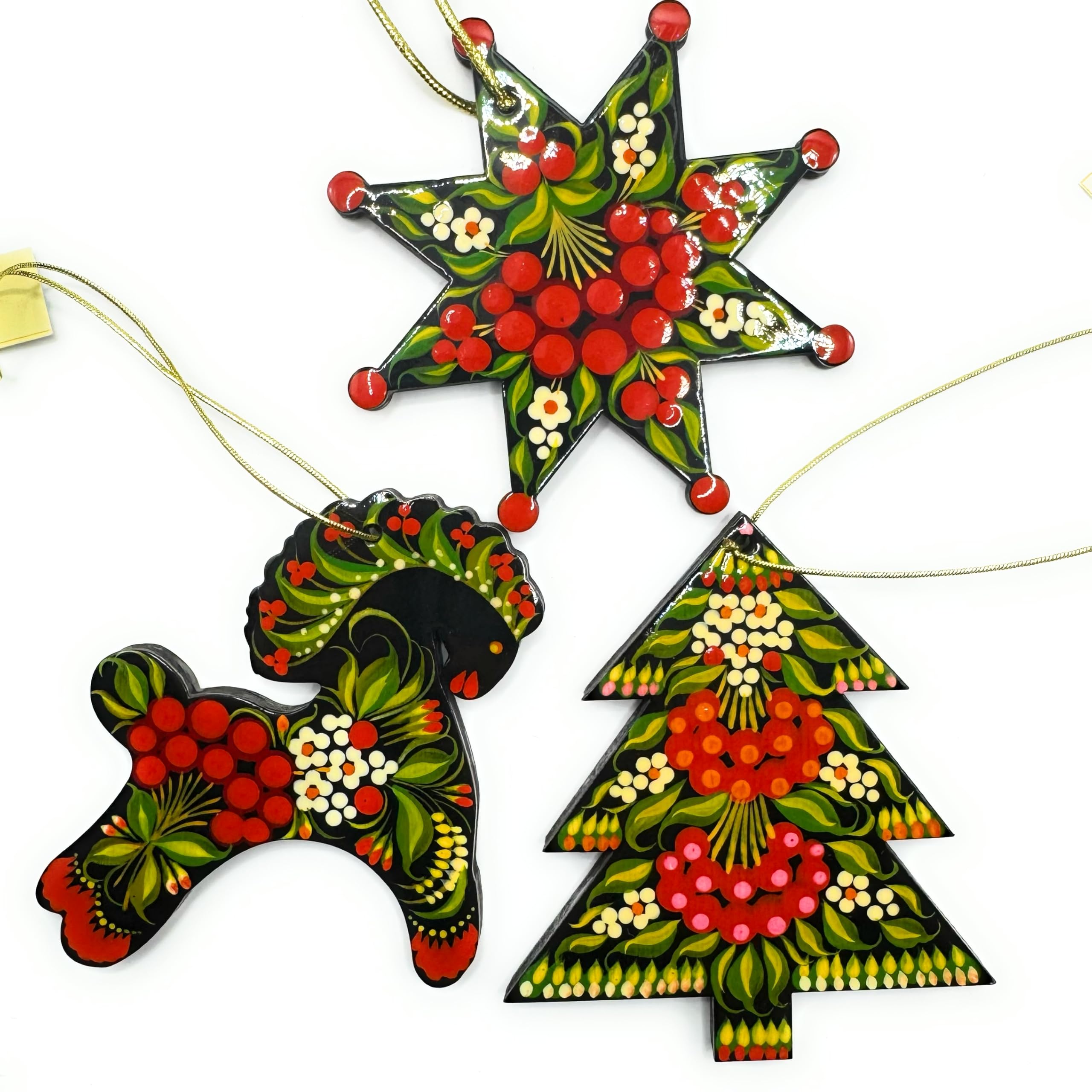 Exklusiver Baumschmuck Holz 3 St. Handgemachter Weihnachtsschmuck Pferd, Stern, Tannenbaum Handbemalt nach Ukrainischer Tradition - Vintage Folk Art Weihnachtsschmuck - Kunsthandwerk für Weihnachten