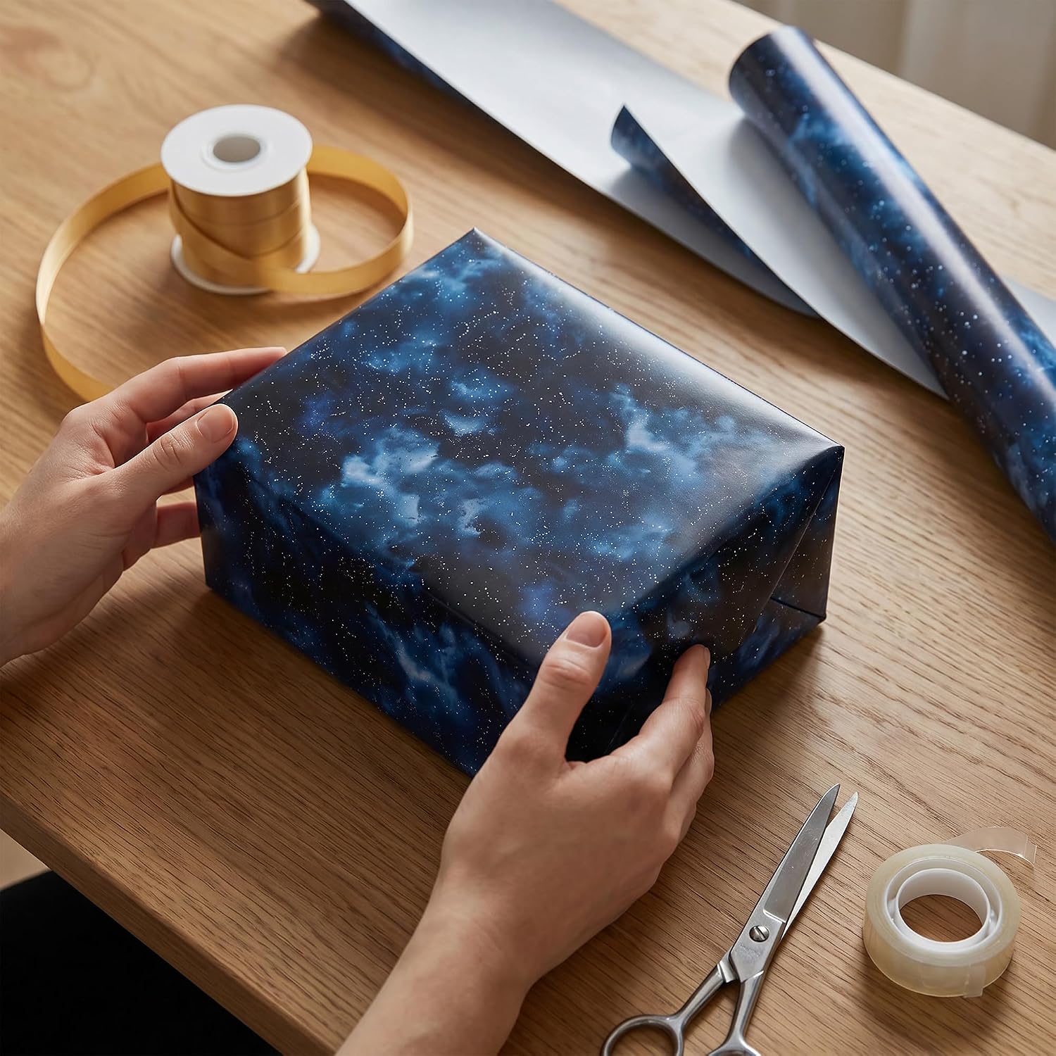 SaringSwoon Galaxy Star Wrapping Paper Roll for Boys - Midnight Blue Nebula Gift Wrap with White Stars for Kids' Birthday, Baby Shower Graduation Christmas Holiday Party - 17.5" × 26 Ft