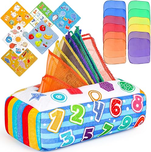 Joyreal Caja de pañuelos para bebé, juguetes Montessori para bebé con 12 pañuelos de tela lavables coloridos, juguetes sensoriales de desarrollo