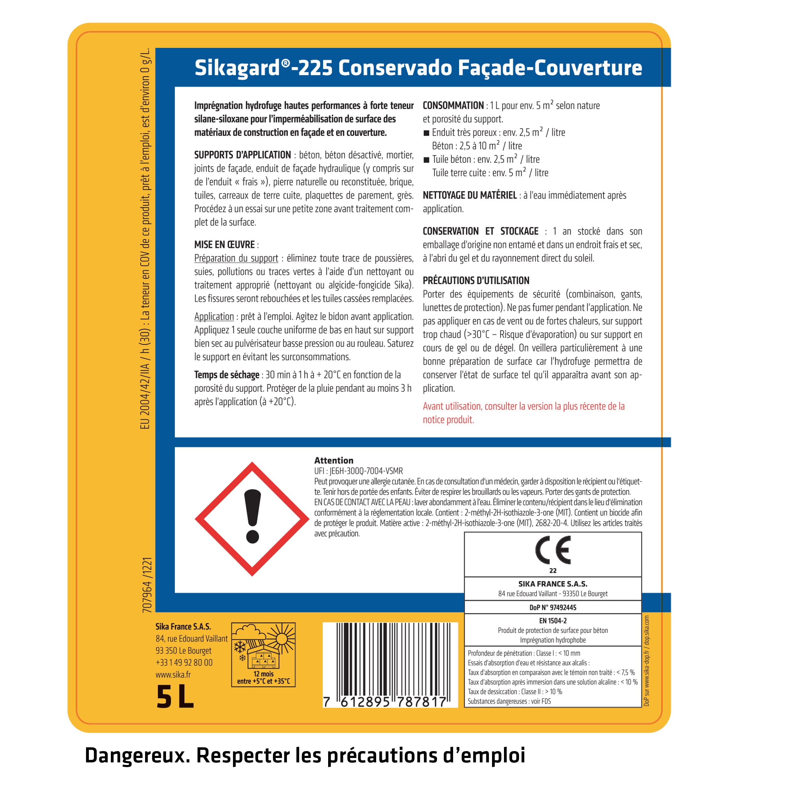 Sika Sikagard 225 Conservado – Revestimiento impermeable multisoporte, resistente a los rayos UV, listo para usar, efecto perlante, 10 a 50 m², 5 l