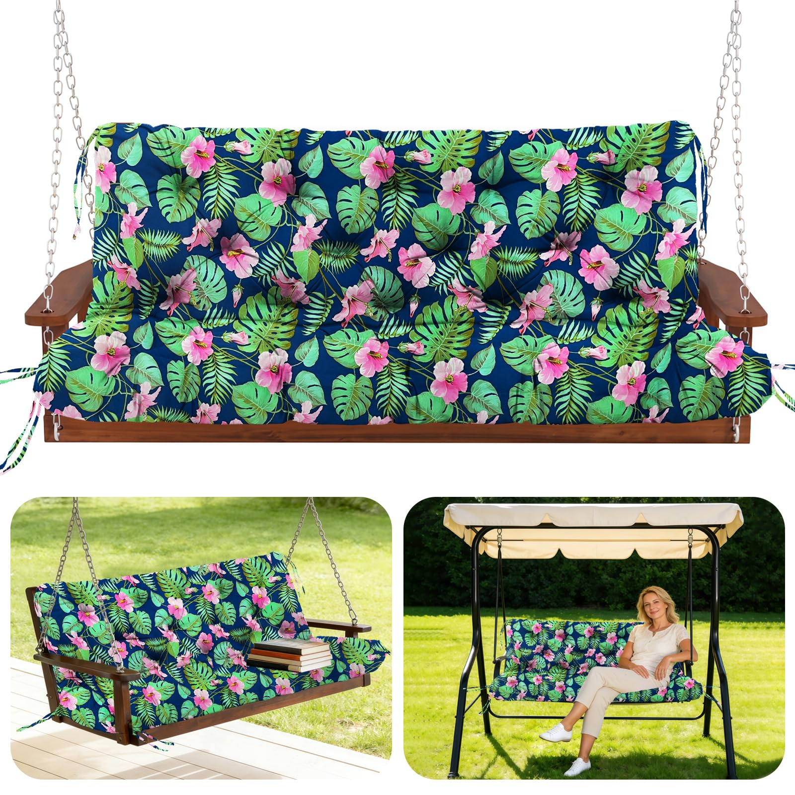 GHDM Garden Bench Cushion Thick 12cm Swing Cushions 2 Seater with Backrest and Tie 100cm Waterproof Swing Seat Cushions Replacement for Outdoor Furniture Patio Porch Lawn Backyard(Tropical flowers)
