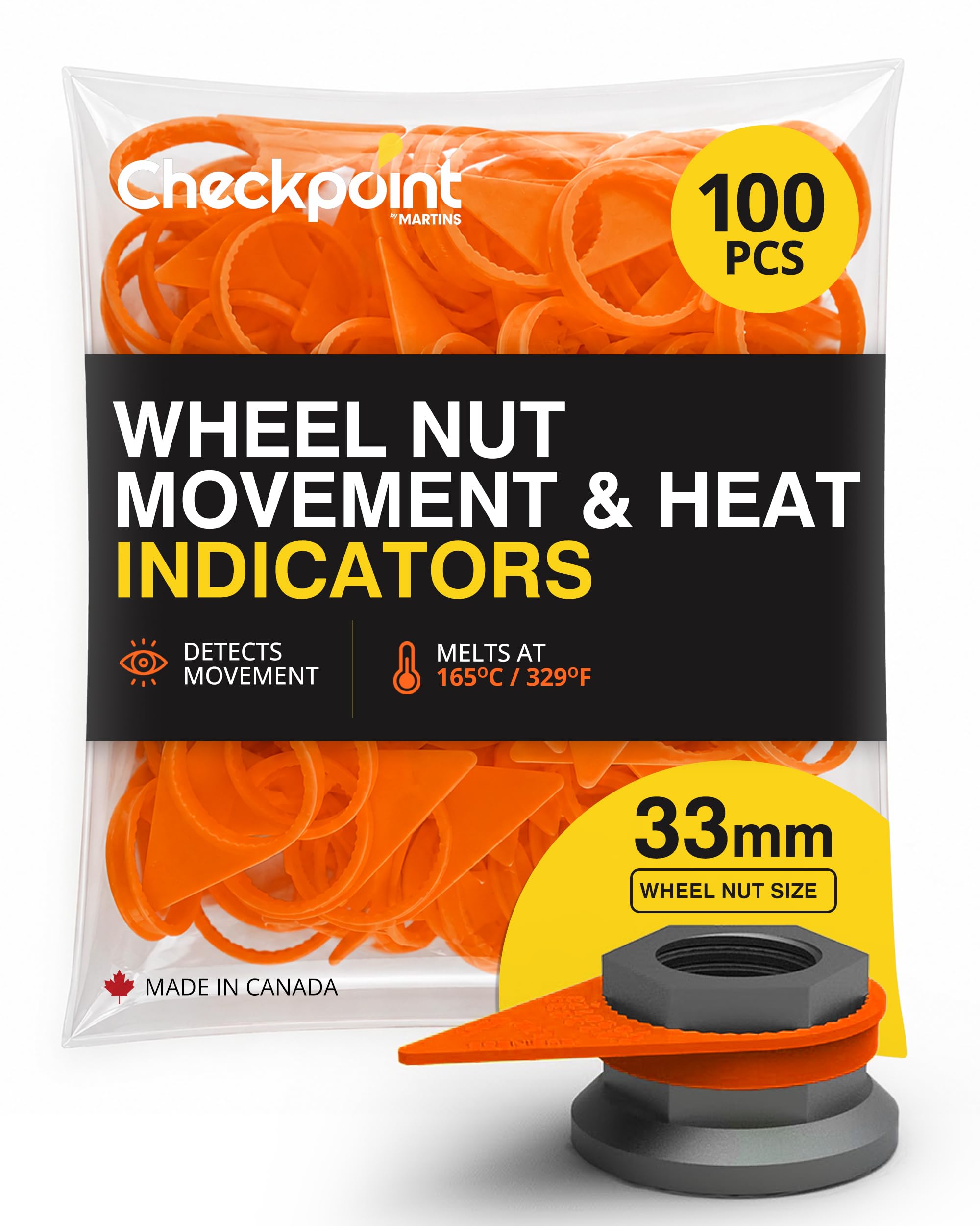 Checkpoint 33 mm Wheel Nut Indicators Orange – High-Temperature Lug Nut Safety Indicators, Heat &amp; Movement Detection for Commercial Trucks, Fleets &amp; Trailers (100 Pack)