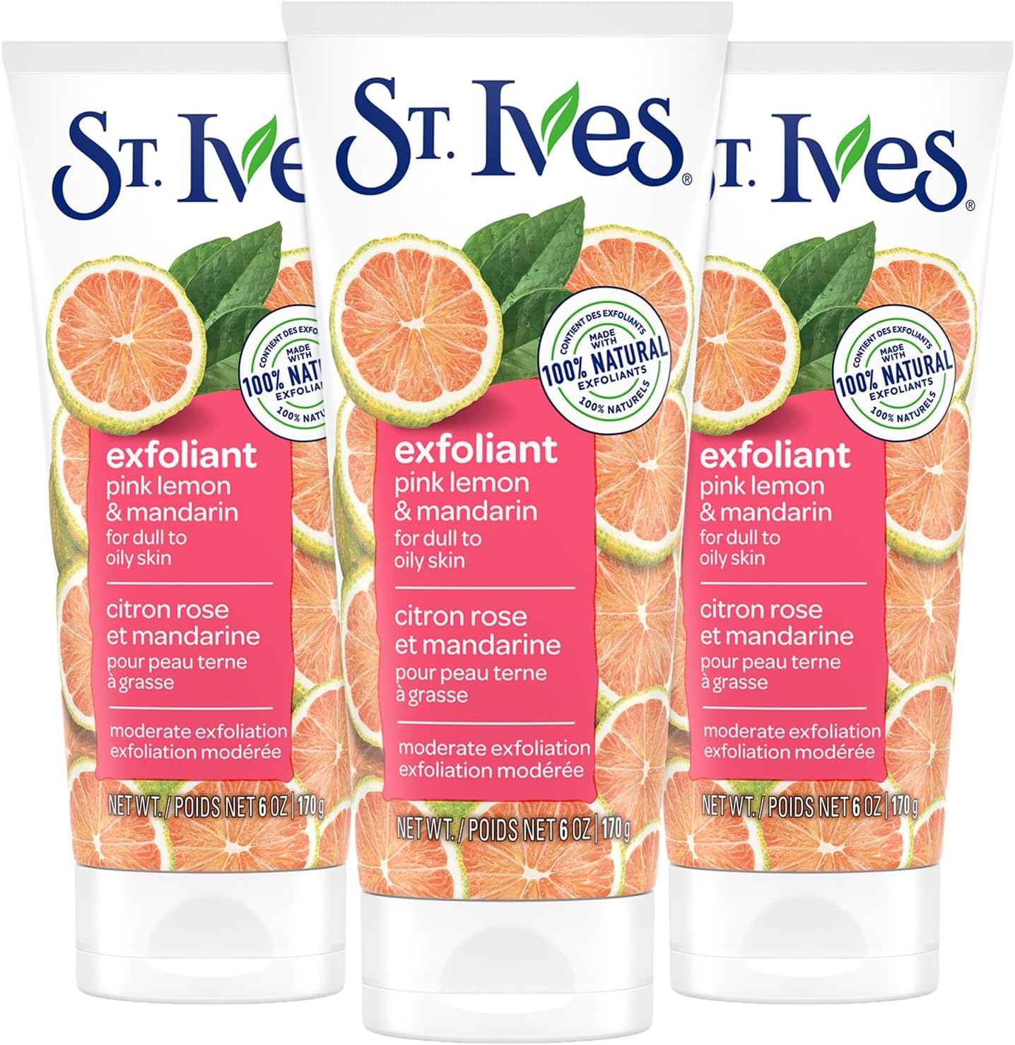 St. Ives Exfoliant Face Scrub 3-Pack – Skin-Brightening Pink Lemon & Mandarin for Glowing Skin, 6 Oz Ea