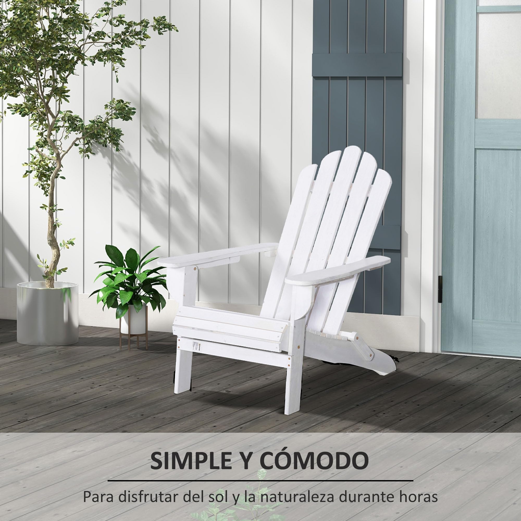 Outsunny Silla Adirondack de Madera Plegable Silla de Jardín con Respaldo Alto y Reposabrazos para Balcón Terraza Exterior Carga MAX. 113 kg 73x88x93 cm Blanco