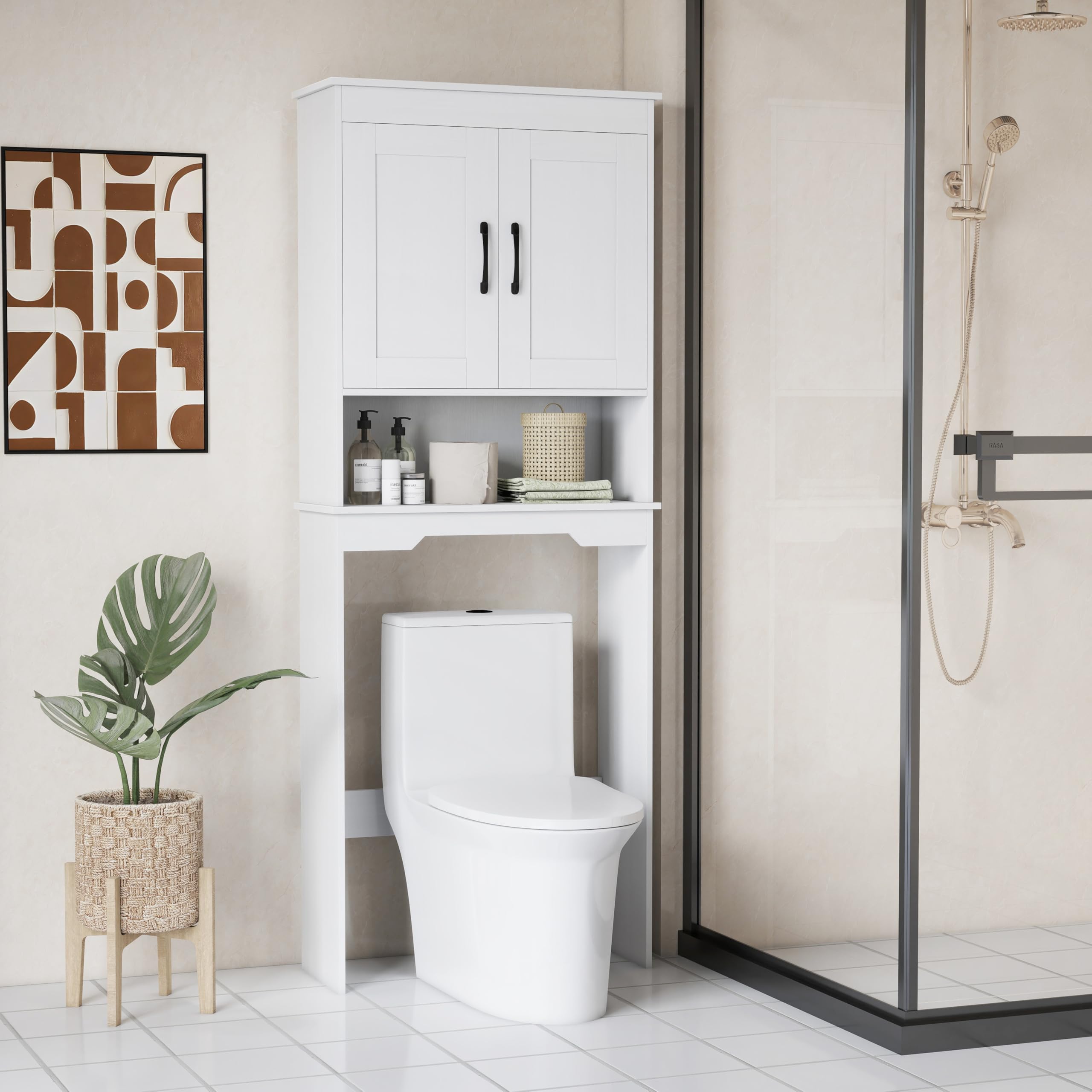 LIFEZEAL Mobile alto WC / lavatrice - Mobile da bagno con 2 ante e ripiano regolabile, armadio da bagno indipendente (bianco)