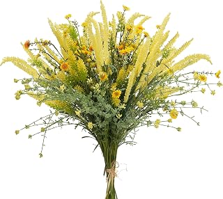 4 Bundles Artificial Daisy Lavender Flowers Yellow Fake Wildflowers Silk Bouquets Faux Summer Realistic Flowers for Outdoor Wedding Home Decor Office Garden Patio Porch Decor