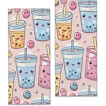 Cartoon Bubble Tea Drink Print Hand Towels 2 Pack, 12" X 27.5", Cute Towel Set with Drinks Food Pattern Print, Soft Fiber Polyester for Bathroom Kitchen Spa Hotel Decor Gifts for Women Girls