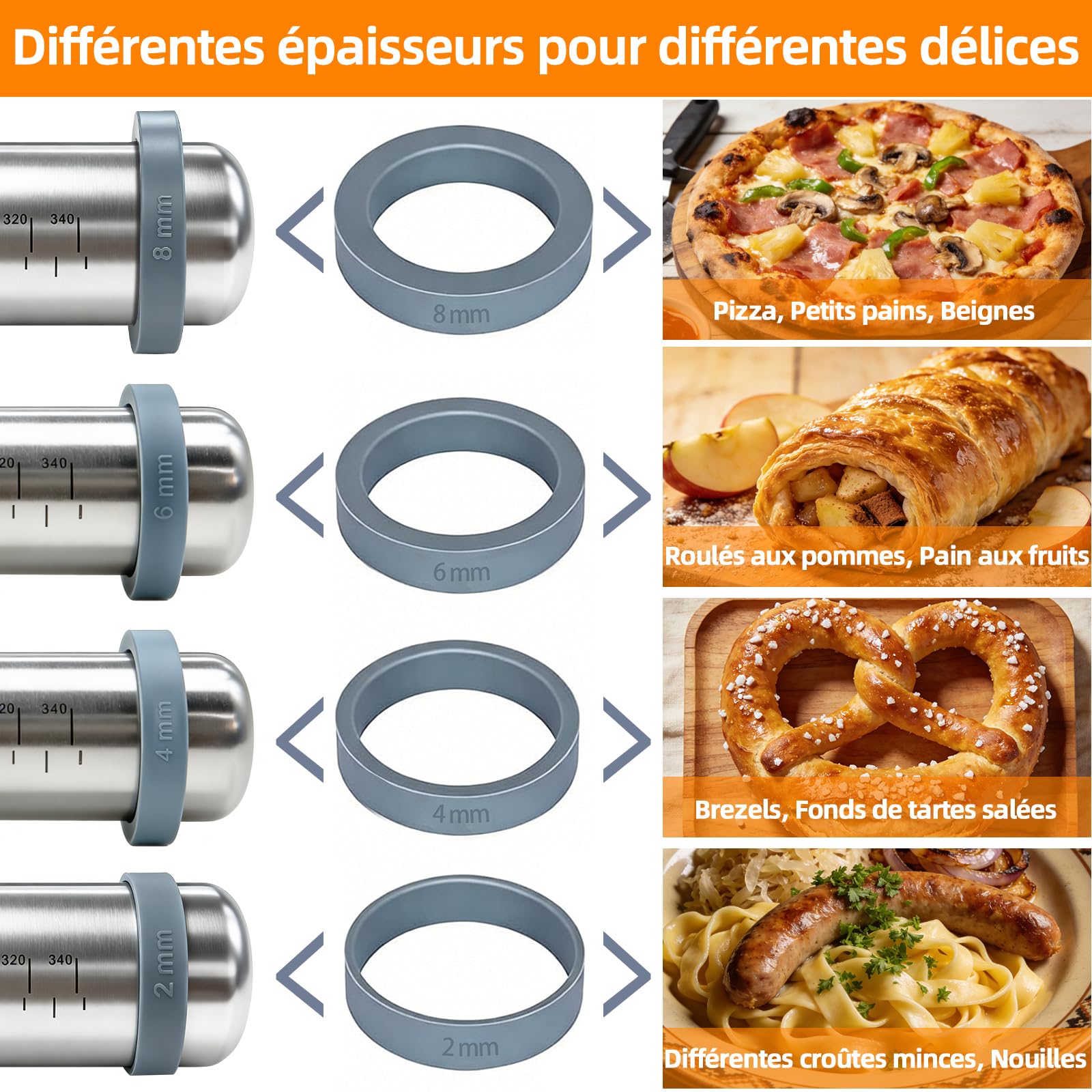 Rouleau a Patisserie en Acier Inoxydable avec 4 Tailles Anneau Réglable - Laminoir Pâtisserie 42 cm, Antiadhésif, Tapis et Grattoir à Pâte, Tous avec Marqueurs de Graduation, Pour Pizza, Pâte, Biscuit
