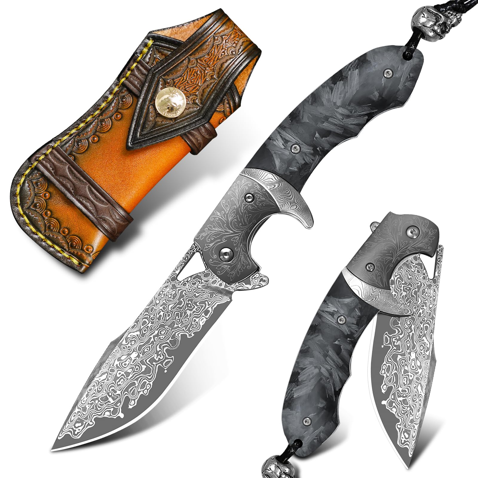 Taschenmesser für den täglichen Gebrauch für Herren，Klappmesser mit Klinge aus Damaszenerstahl，Komplett mit Lederscheide und Griff aus Kohlefaser，Geeignet für Outdoor-Bergsteigen, Abenteuer und Campin