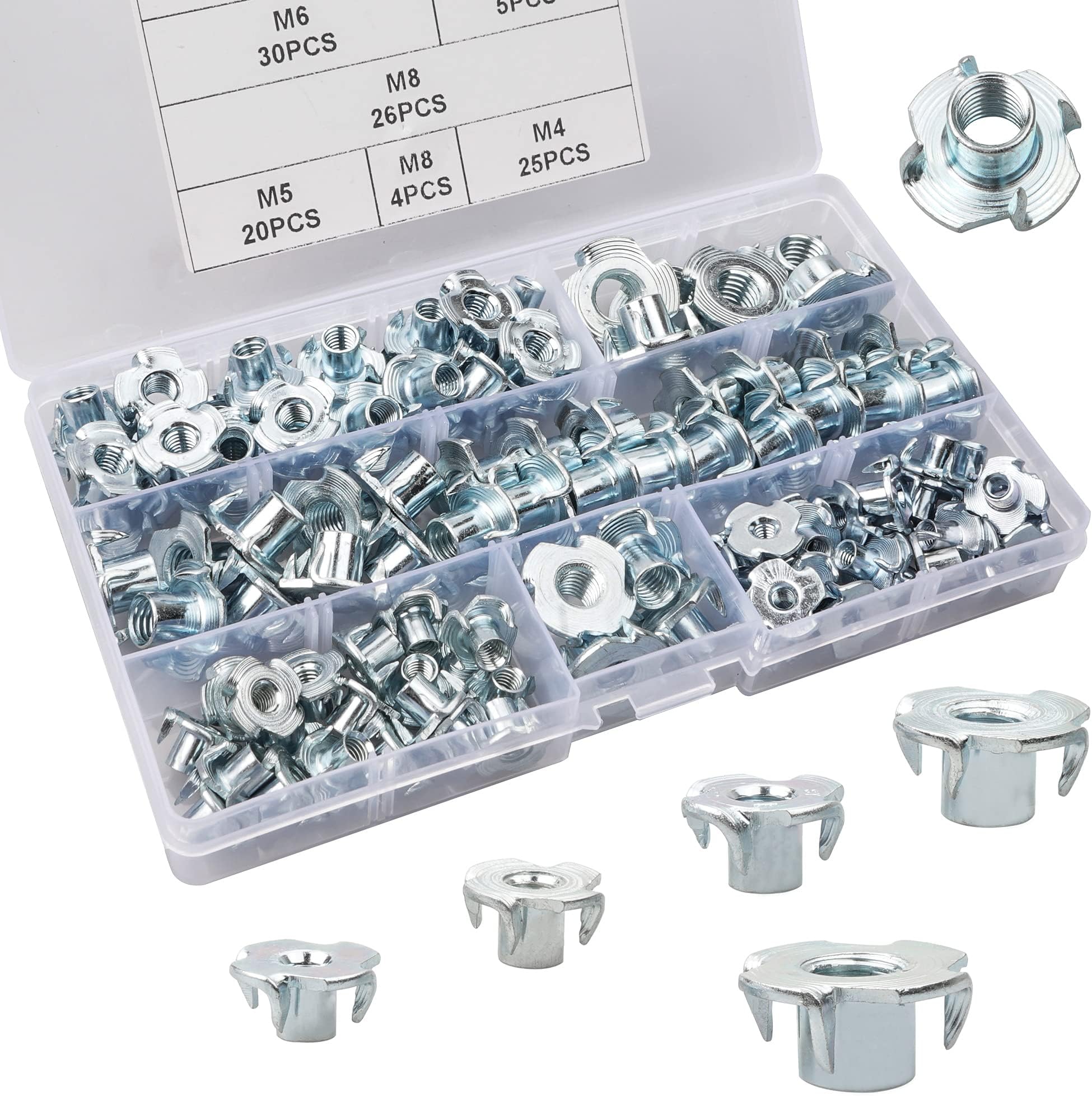 110Pcs Four-Pronged Tee Nuts Kit, T-Nuts 4 Pronged Zinc Plated Carbon Steel Threaded Insert T Nut Assortment Kit for Wood Climbing Holds Furniture (M4/M5/M6/M8/M10)