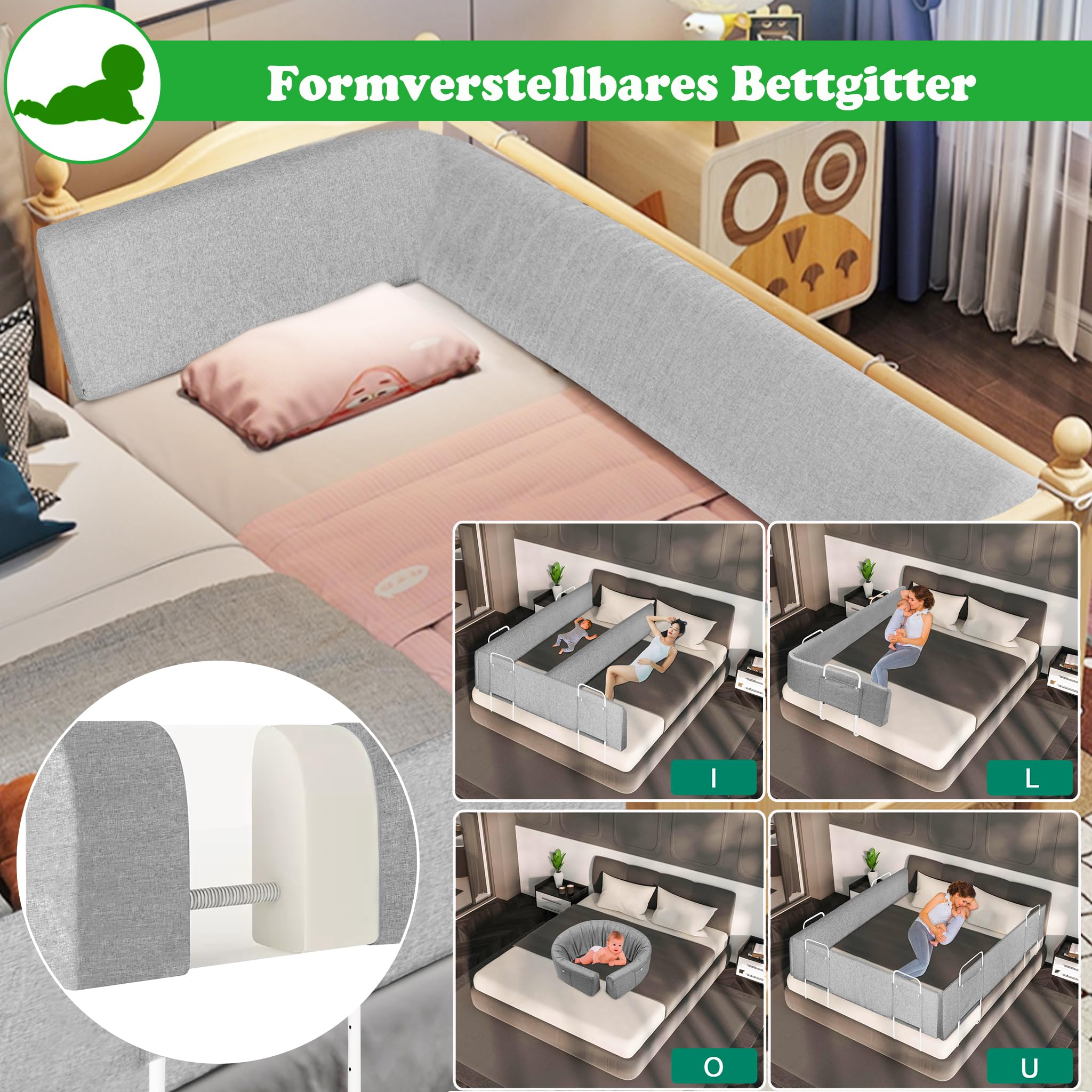 SUBTLETY Barrera para cama infantil, 100 cm, 5 agujeros, altura ajustable, protección para los bordes de la cama familiar y cuna (gris)