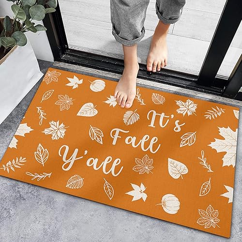 Bath Rugs Entrance Non Slip Front Door Mat Thanksgiving Maple Leaves Kitchen Carpets Fall Orange Back Floor Mats for Bathroom Bedroom Living Room