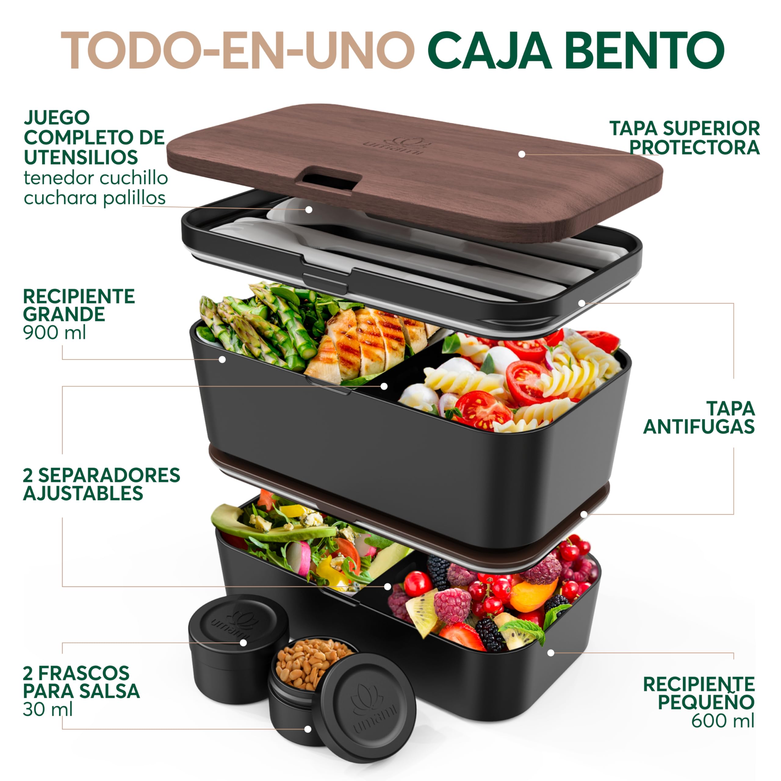Umami Lonchera Bento, todo en uno, caja bento para adultos, recipientes de preparación de comidas para hombres y mujeres