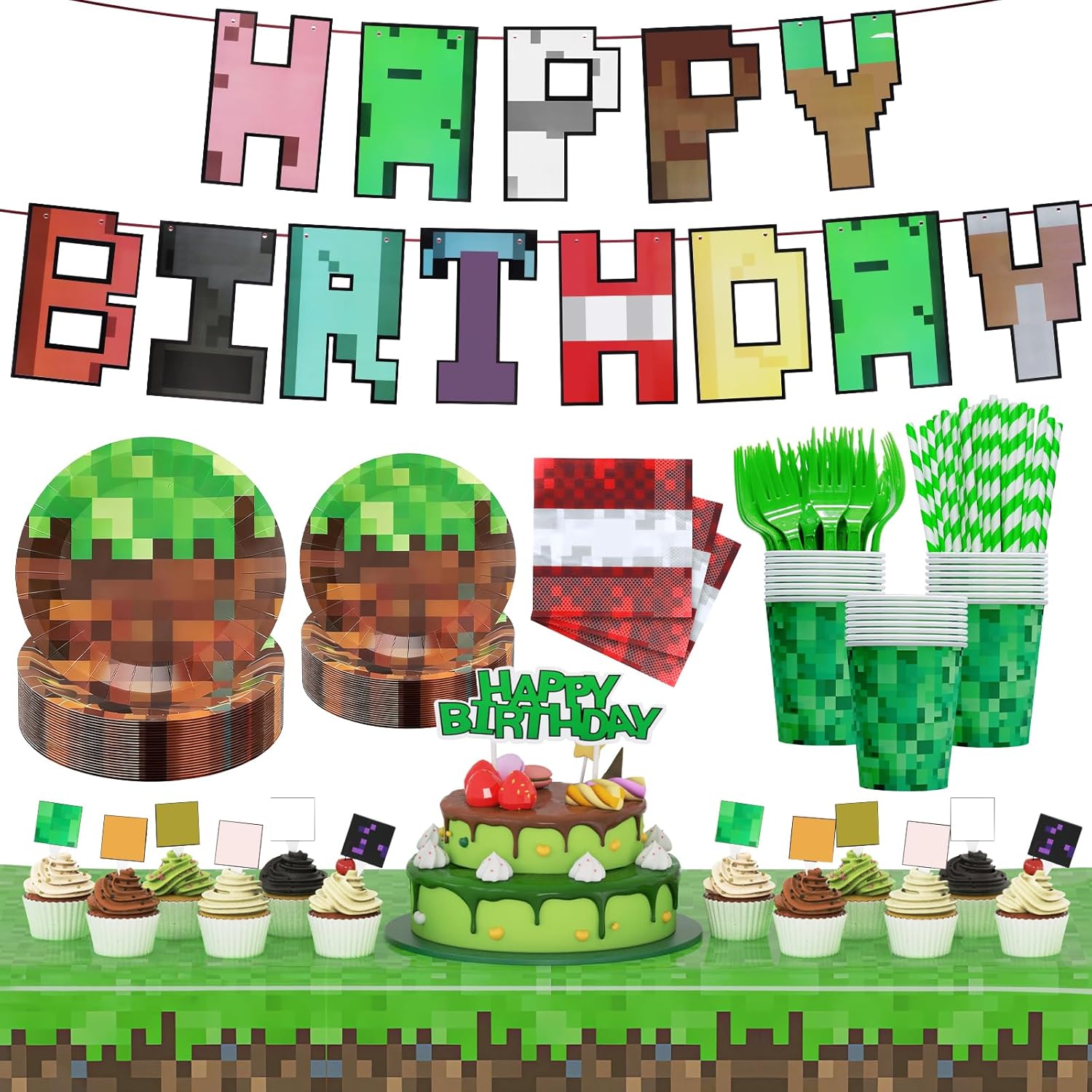 183Pcs Pixel Birthday Party Decorations, Pixel Game Theme Party Supplies Kit, Including Banner, Tablecloth,Hanging Swirls, Plates, Napkins, Cups, Forks, Cake Toppers, Drinking Straws, Serves 24 Guests