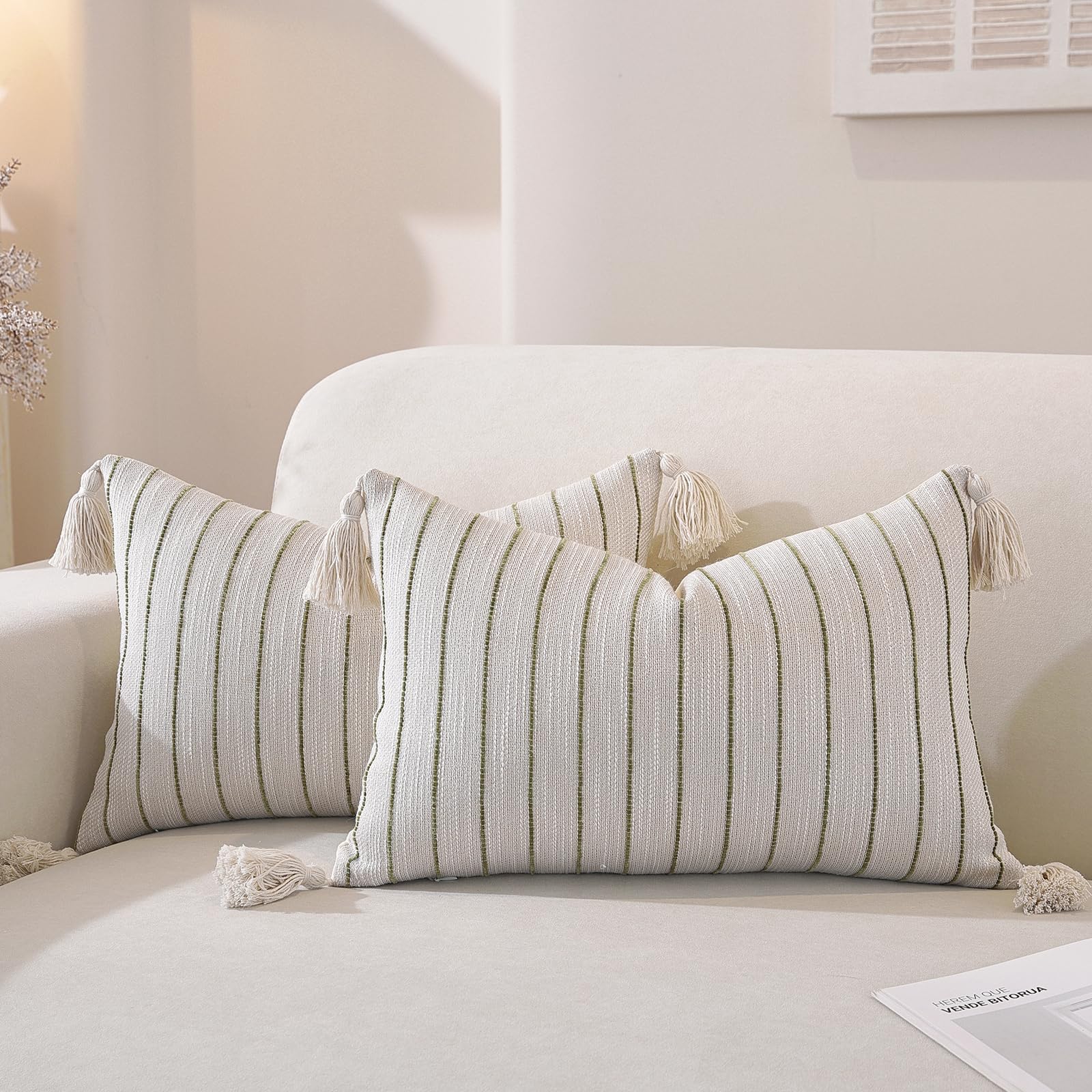 Photo 1 of ***NEEDS ZIPPER REPLACEMENT***QDTTSRY Decorative Boho Throw Pillow Covers 20x12 Inch Set of 2, Dusky Green Striped Lumbar Neutral Pillow Covers with Tassels, Soft & Cozy Farmhouse Couch Pillow Cases for Sofa Couch Bed Living Room