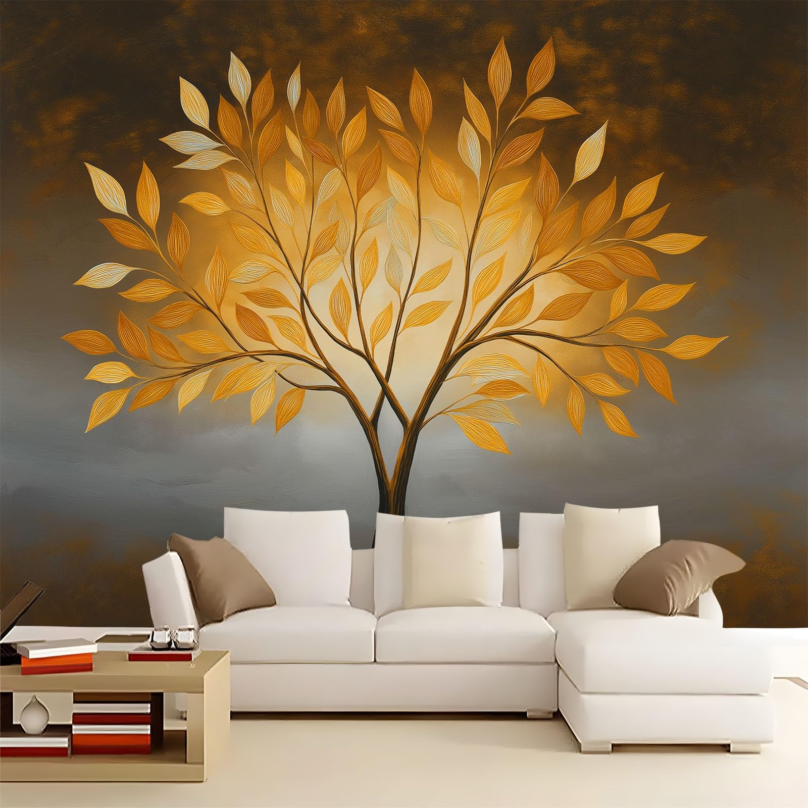 Generisch Tapeta panoramiczna 3D 350 x 256 cm (szer. x wys.), do salonu, sypialni, żółta, odporna na promieniowanie UV, tapeta z włókniny na ścianę - minimalizm, ręcznie malowana tapeta z wzorem drzew