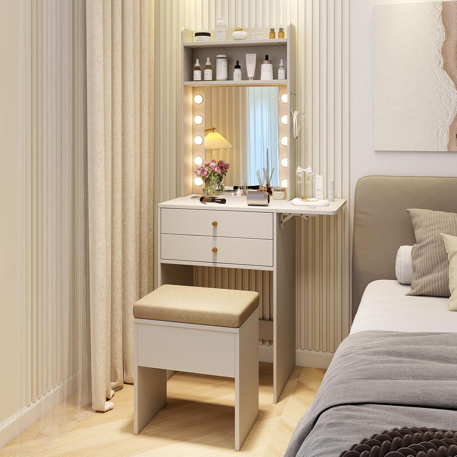 LDAILY Small Vanity Desk with Mirror and Lights, Modern Slim Dressing Table with Charging Station and Foldable Side Table, Compact Vanity with Hidden Chair and 2 Drawers for Bedroom Small Space