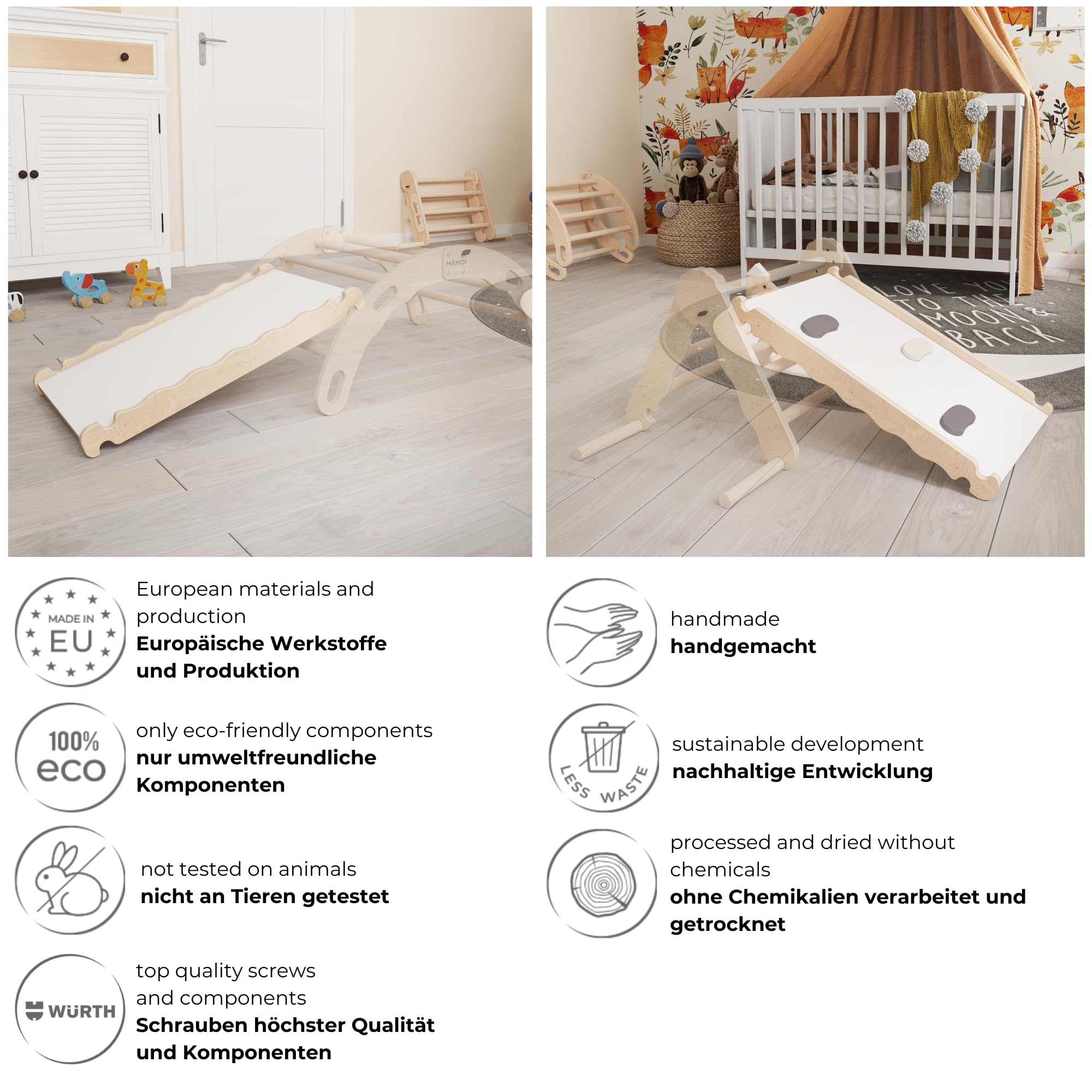 MAMOI® Rutsche Indoor, Rutschbrett für Klettergerüst, Kinderrutsche aus Holz für Kletterdreieck und Kletterbogen, Holzrutsche/Yarnwood für Baby ab 1 Jahr und 2/3 Jahre, Montessori