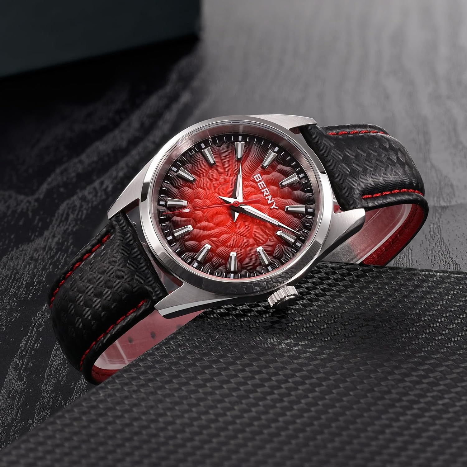 BERNY Men's Quartz Watch - Volcanic-Inspired Design, Japanese Movement, 10ATM Waterproof Dress Wristwatch, AR Coating Sapphire Crystal Super Luminous