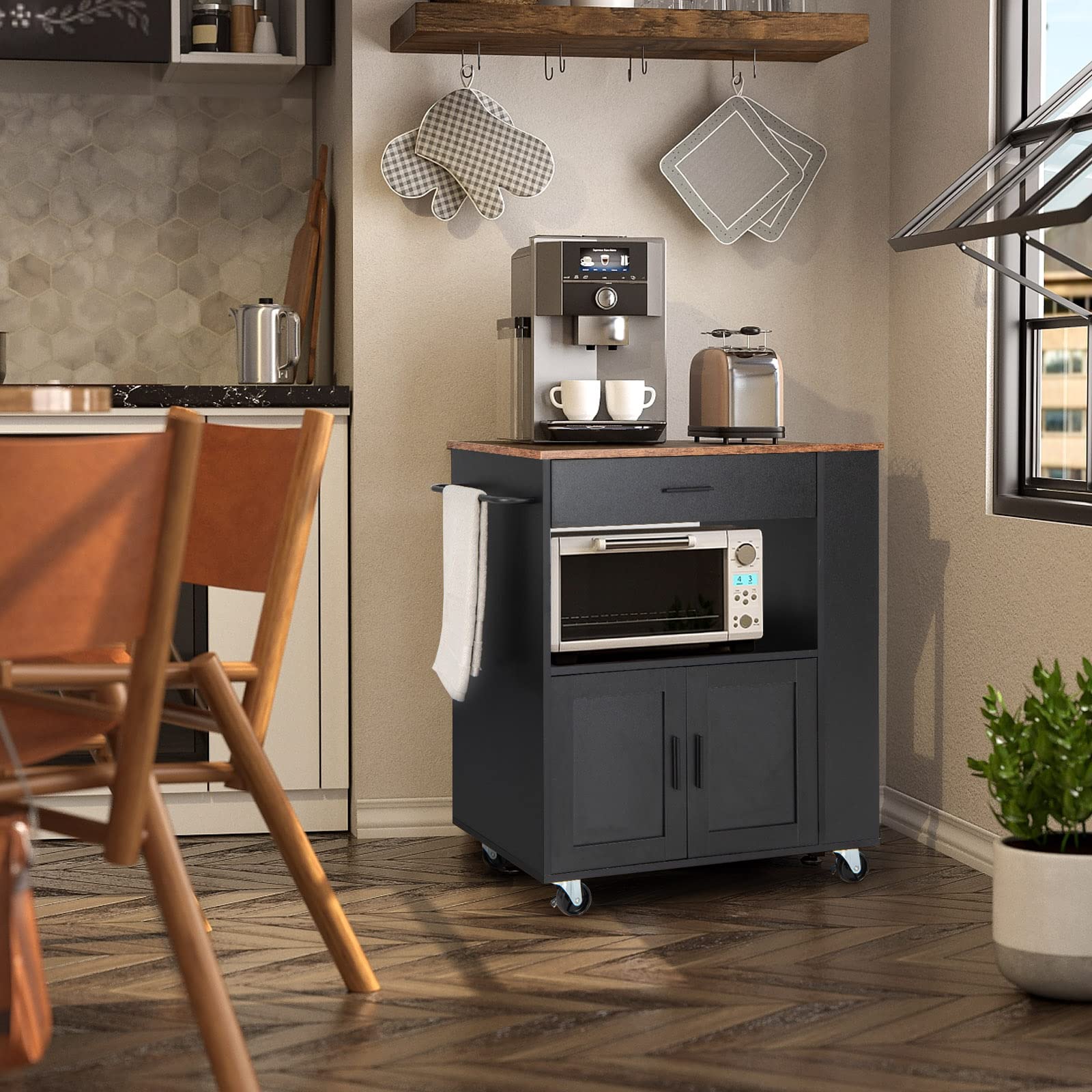 GOPLUS Desserte à roulettes, Chariot Cuisine Rangement avec Placard, Armoire, Support à Épices 3 Niveaux et Porte-Serviettes, Meuble Rangement pour Cuisine, 82 x 50 x 92 cm (Noir+Brun, Moderne)