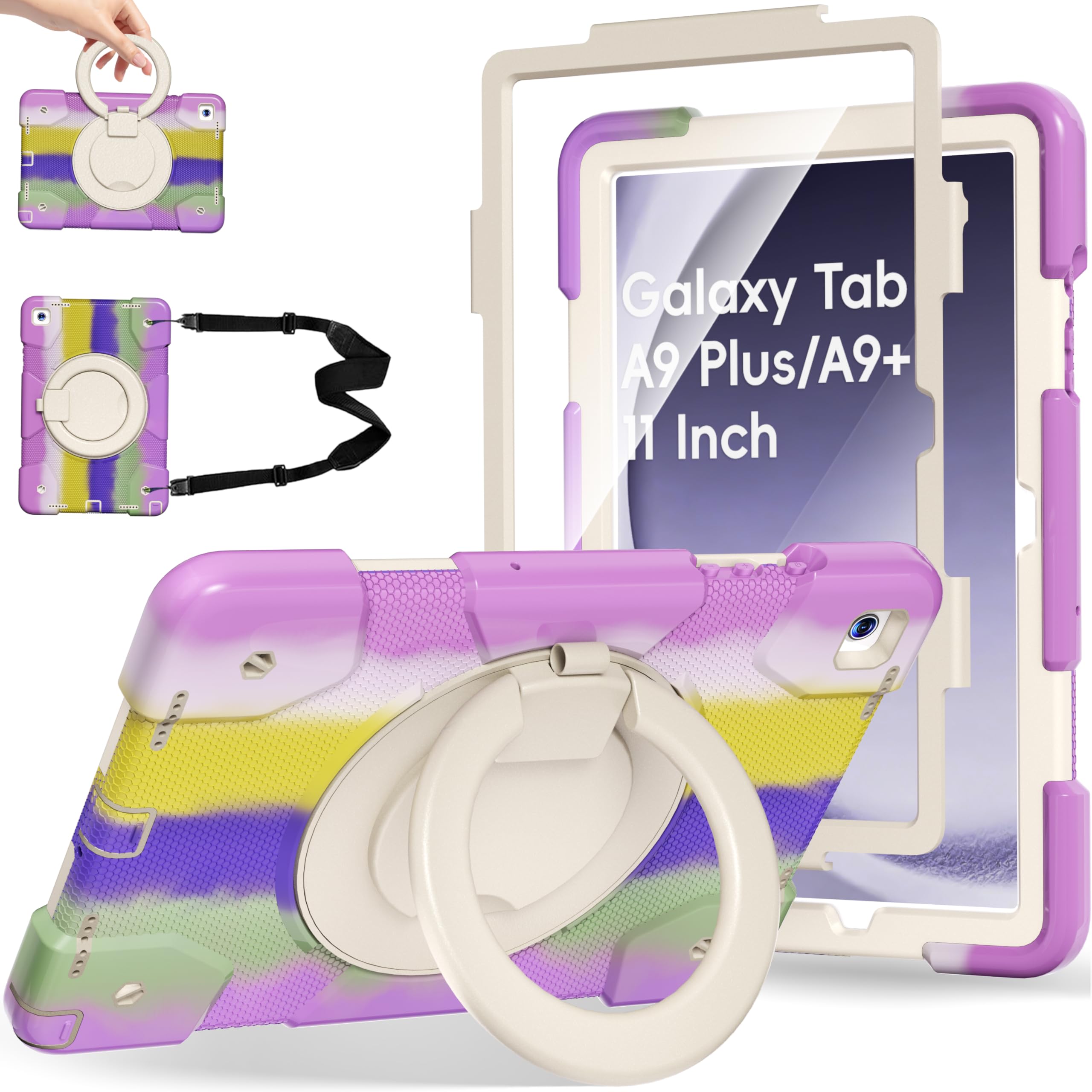 Andnary Case for Samsung Galaxy Tab A9+/A9 Plus Case 11 Inch with Screen Protector/360° Rotating Stand/Pen Holder/Shoulder Strap, Shockproof Cover for