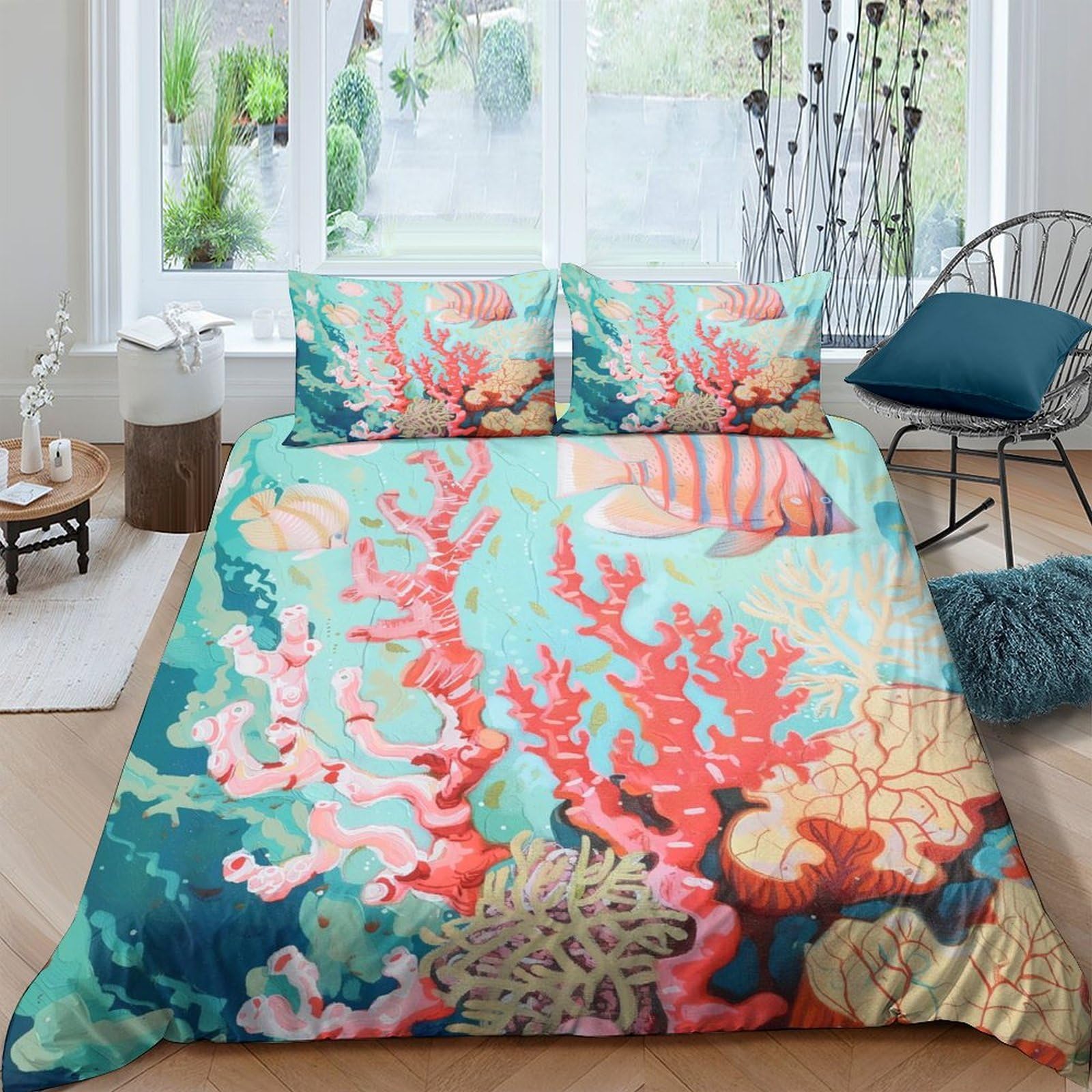 GPLZQXKJNH 3D Printed Coral Reef Duvet Cover Microfiber Soft Ocean Fish Bedding Set with 2 Pillowcases for Bedroom Decor Single（135x200cm）