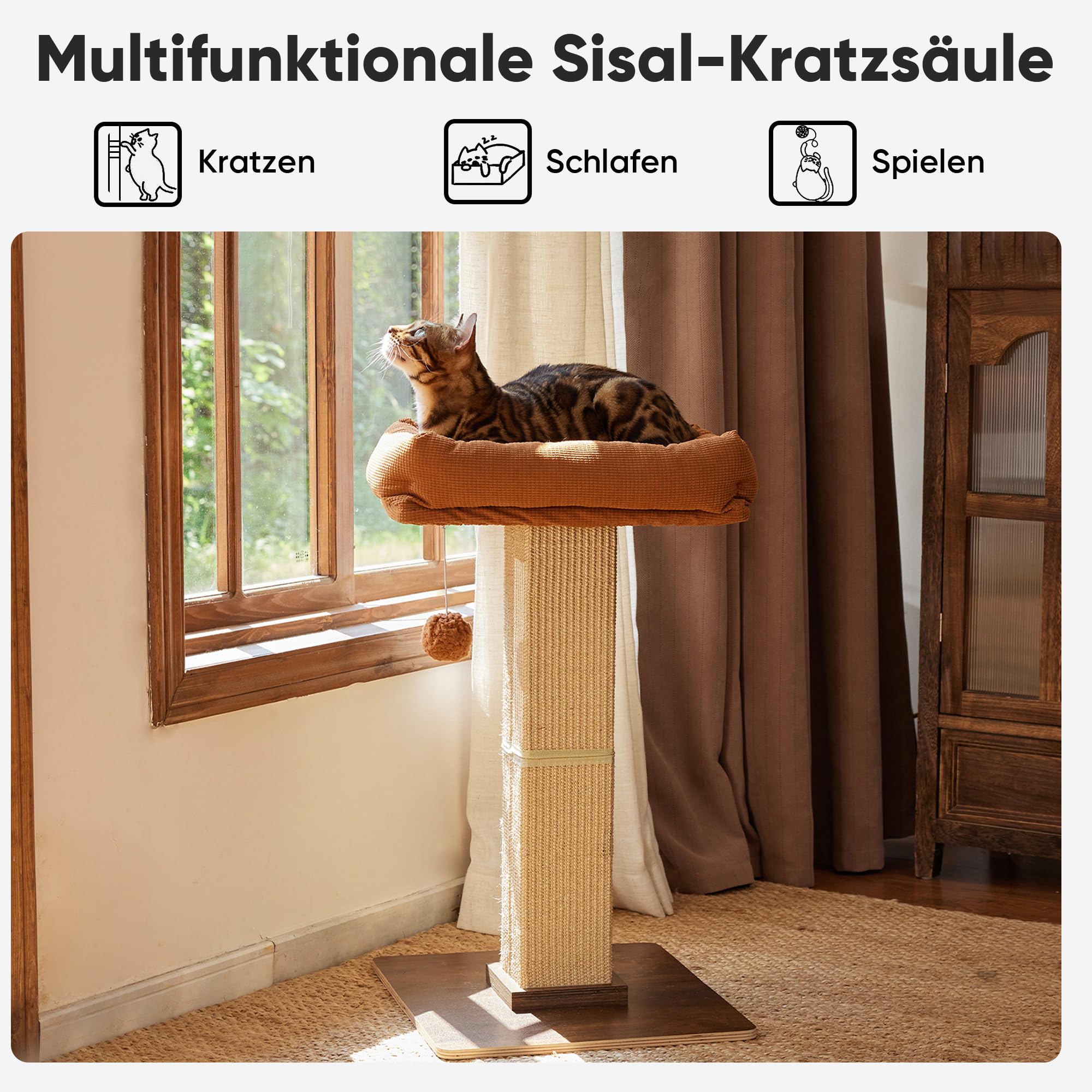 FUKUMARU Kratzbaum, 73 cm hocher Katzenbaum mit 46 x 36 cm Plattform, Retro-Stil hoher Kratzbaum mit Liegeplatz für Erwachsene Katzen, großer Kratzturm mit Bett, aus natürlichem Sisal & massivem Holz.