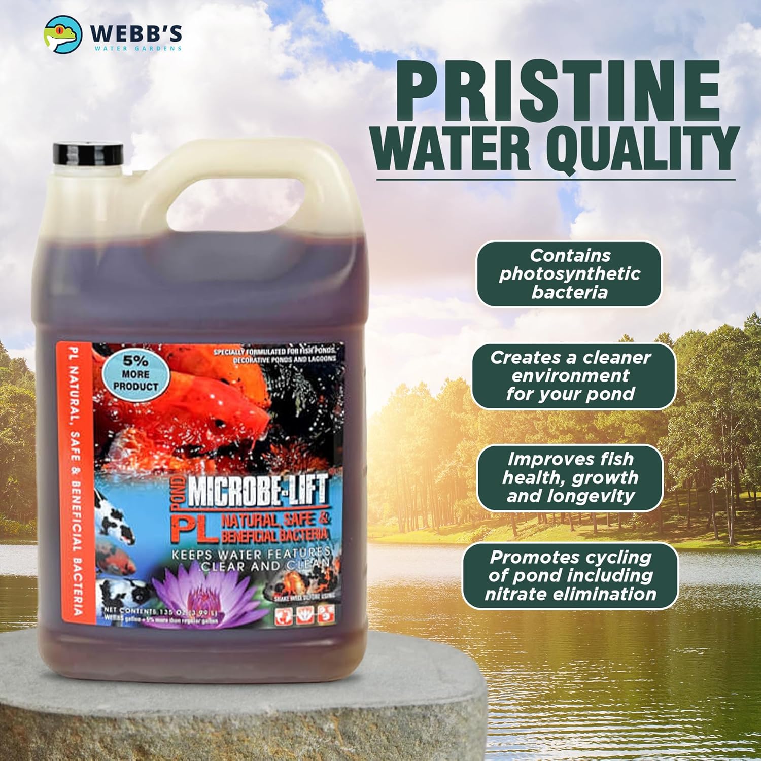 Webb's Water Gardens Microbe-Lift PL Beneficial Bacteria for Ponds and Water Features - Ideal for Wildlife and Aquatic Pets, 1.05 gallons