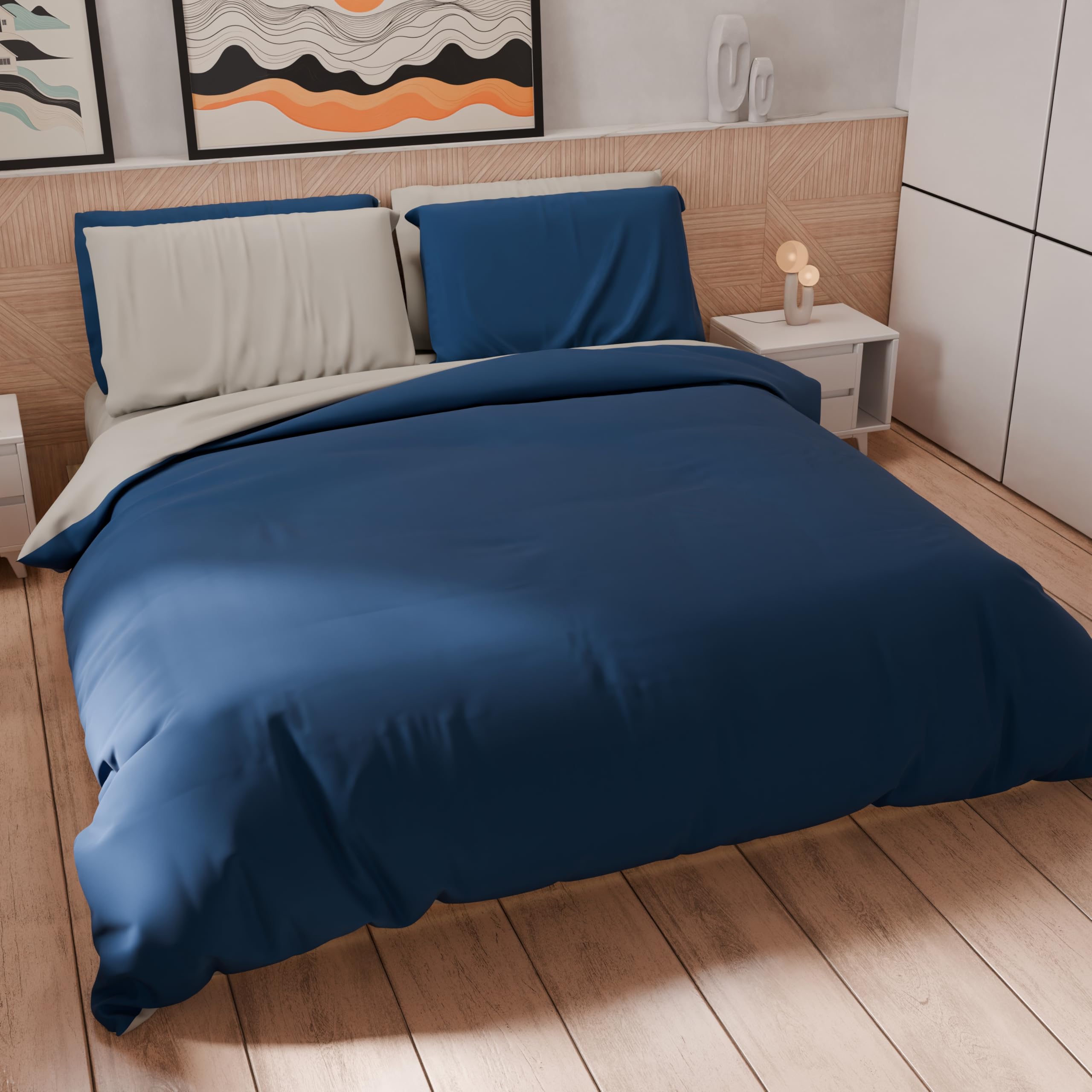 PETTI Artigiani Italiani - Double Duvet Cover, Microfibre Duvet Cover and Pillowcases, Bicolor Light Grey/Night Blue, 100% Made in Italy
