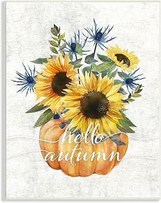 Stupell Industries Hello Autumn Phrase Blue Thistle Sunflower Pumpkin Wall Plaque, 10 x 15, Yellow