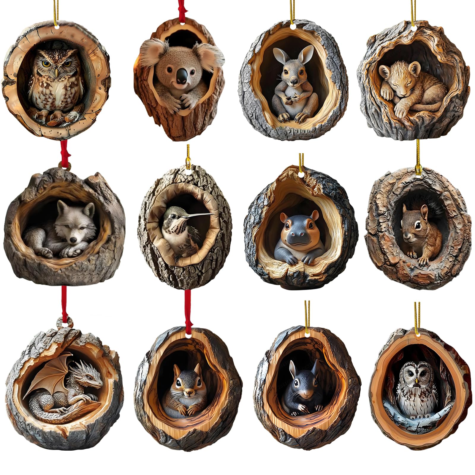 Laishengte 12Pcsb Animal Christmas Ornament 2D Flat Acrylic Forest Animal Decoration For Christmas Trees Hanging Decoration Gift (12Pcsb)